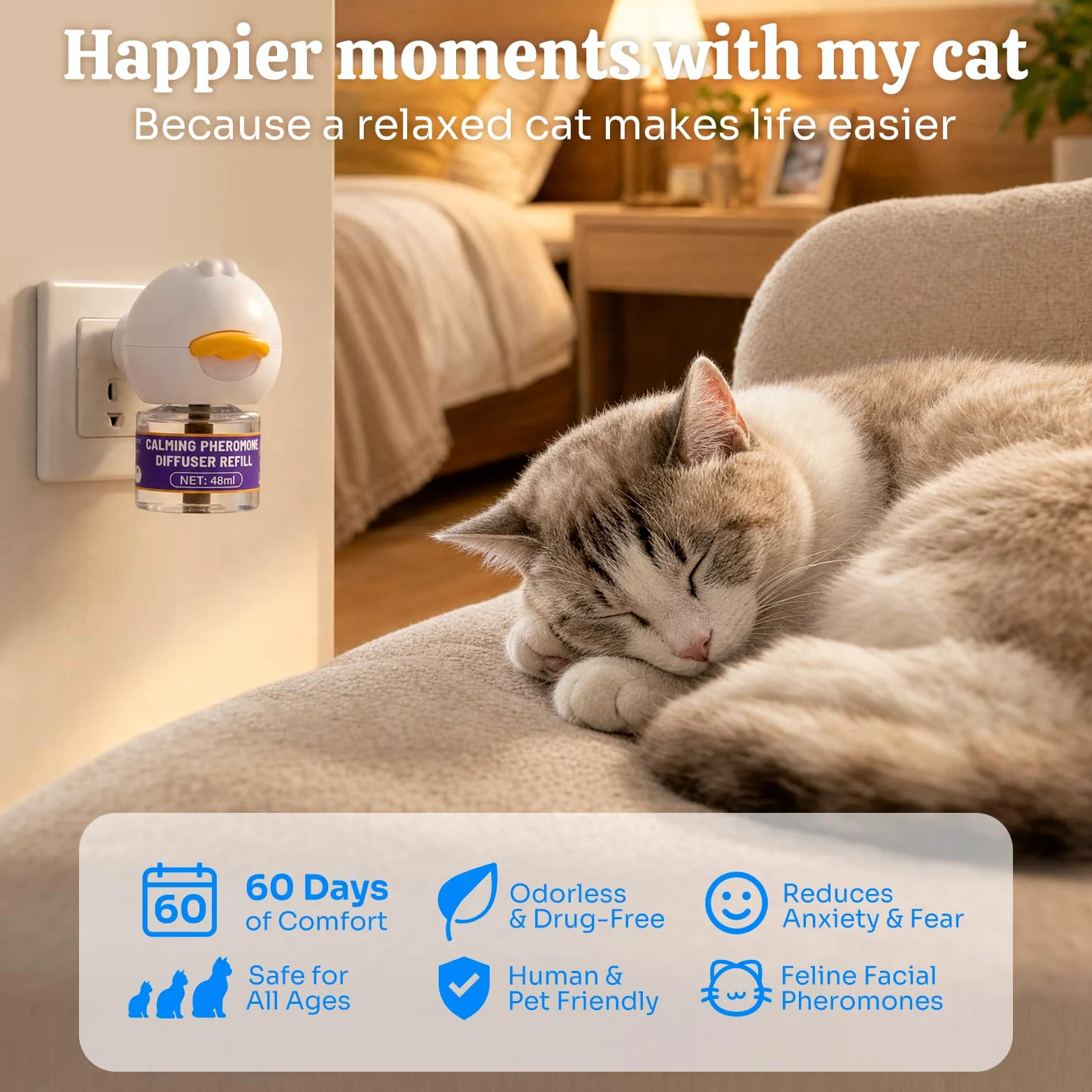 Diffuseur apaisant pour chat d'intérieur : soutien apaisant inspiré des phéromones aide à promouvoir un comportement détendu et un confort émotionnel – Diffuseur à brancher sans médicament pour un