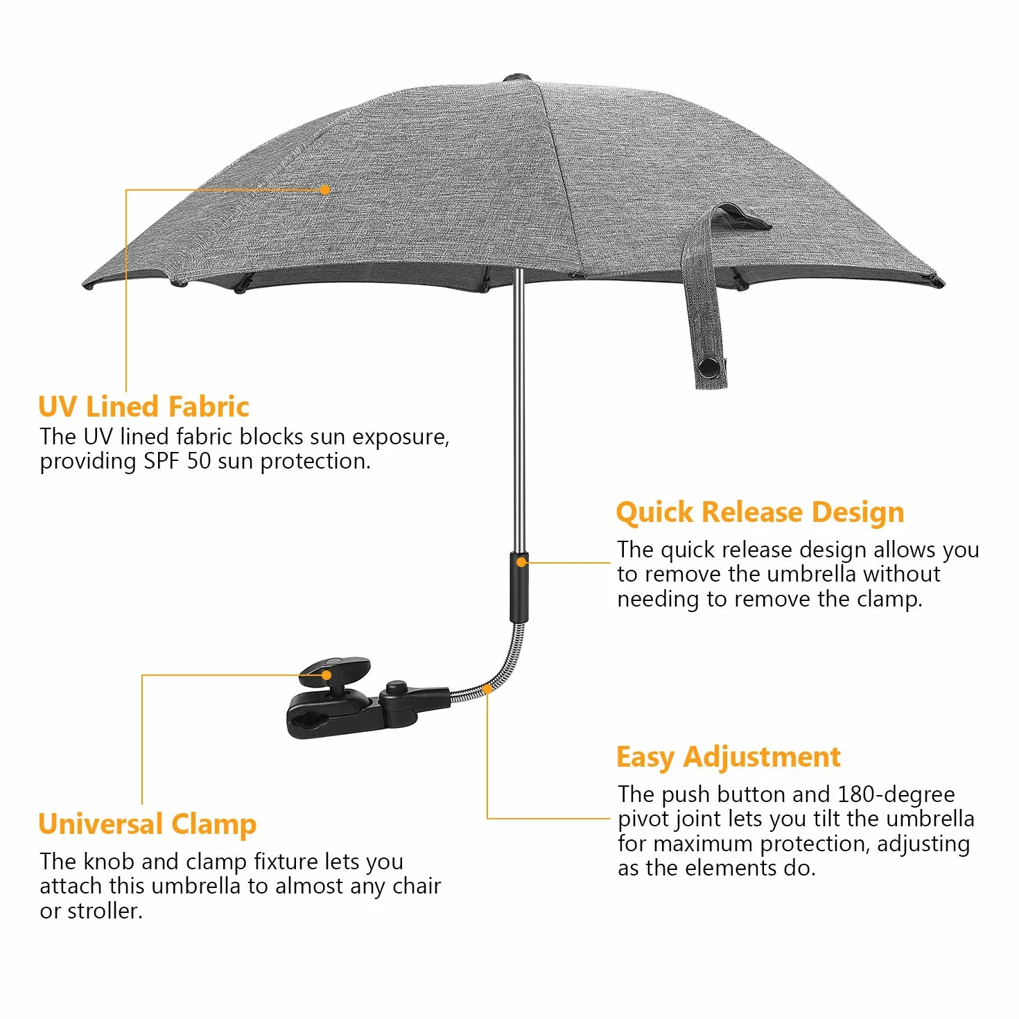 Ombrelle Parasol Anti UV Poussette Universelle 71 cm Fixation Tube Rond Oval Flexible Orientable Clip Fauteuil Roulant Gris