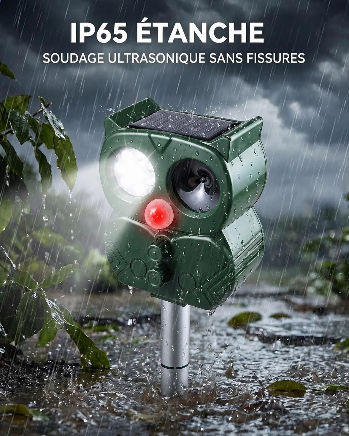 Répulsif Chat Extérieur Ultrason Solaire & USB, 5 Modes Réglables, IP65 Étanche pour Jardin Terrasse