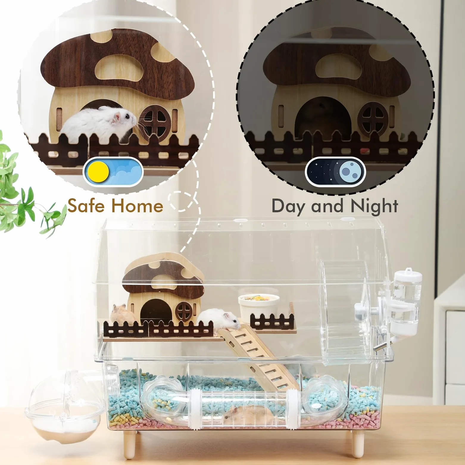 Cage à hamster en acrylique transparent avec roue d'exercice, maison en bois et accessoires