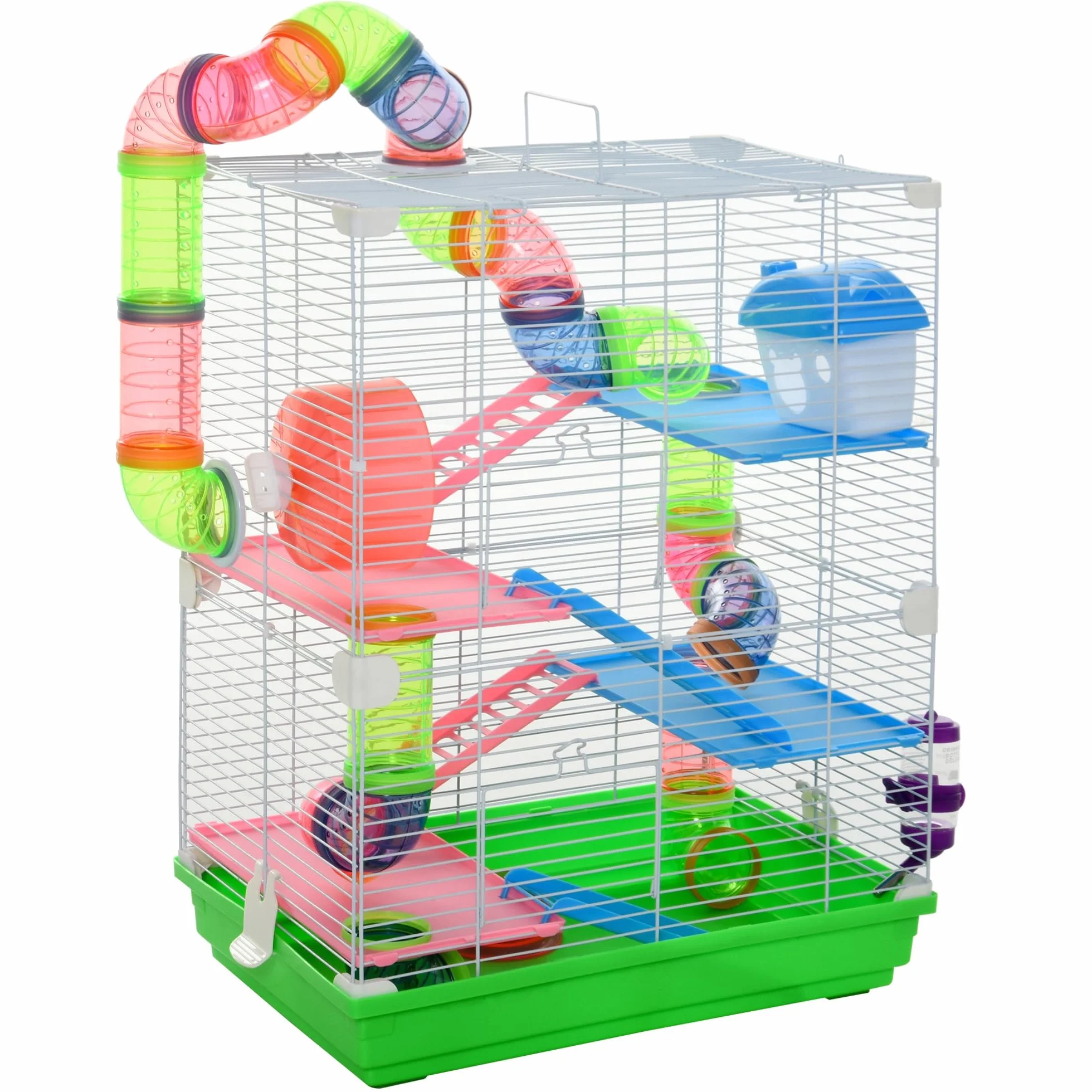 PawHut Cage pour Hamster Rongeur 4 étages avec Tunnels Mangeoire Roue Maison 46L x 30l x 58H cm Vert