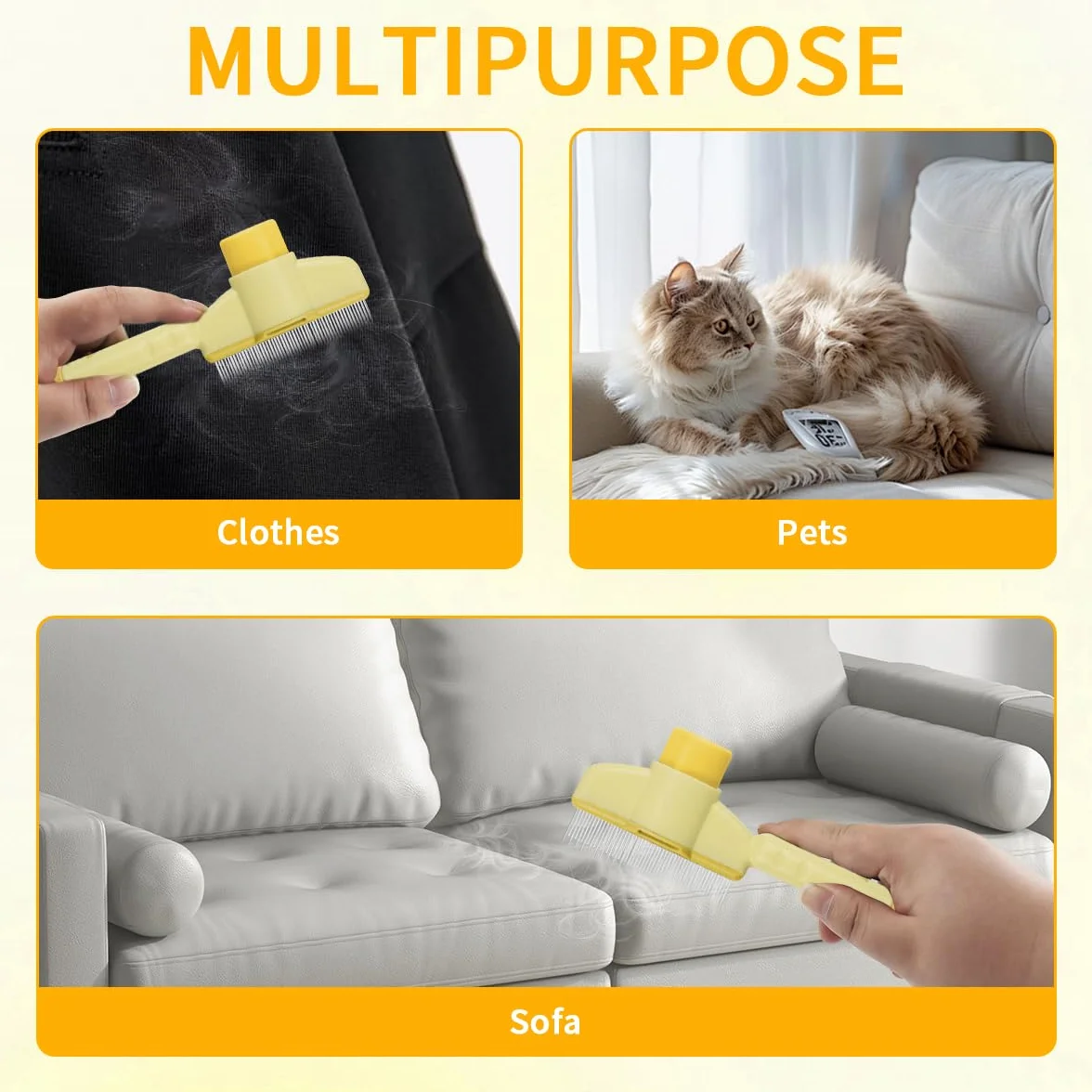 Peigne anti-puces autonettoyant pour chats, brosse de toilettage animaux, avec bouton pour nettoyage rapide (jaune)