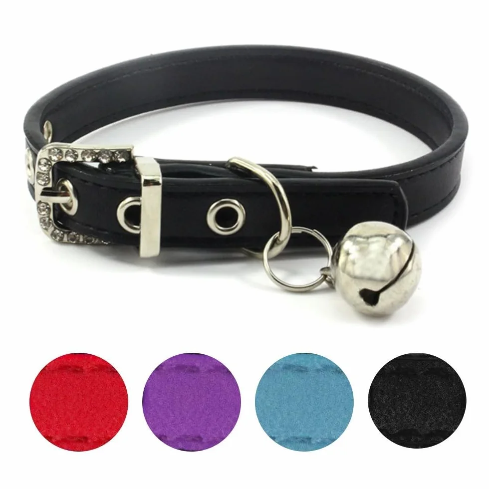 Collier Réglable en Cuir Doux avec Clochette pour Chat Chaton Chiot Petit Chien 17-22cm Noir