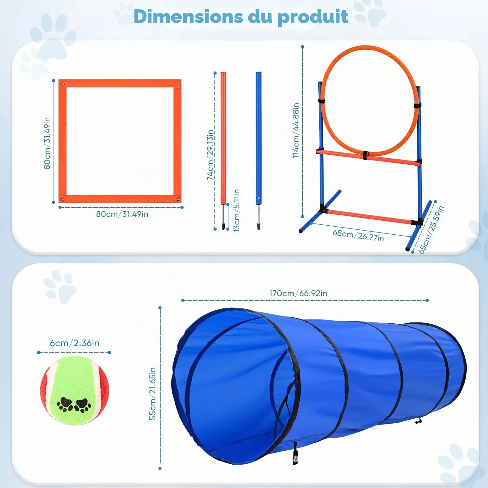 Agility Kit pour Chien avec Tunnel 170 cm, 8 Barres de Slalom, Hauteur réglable