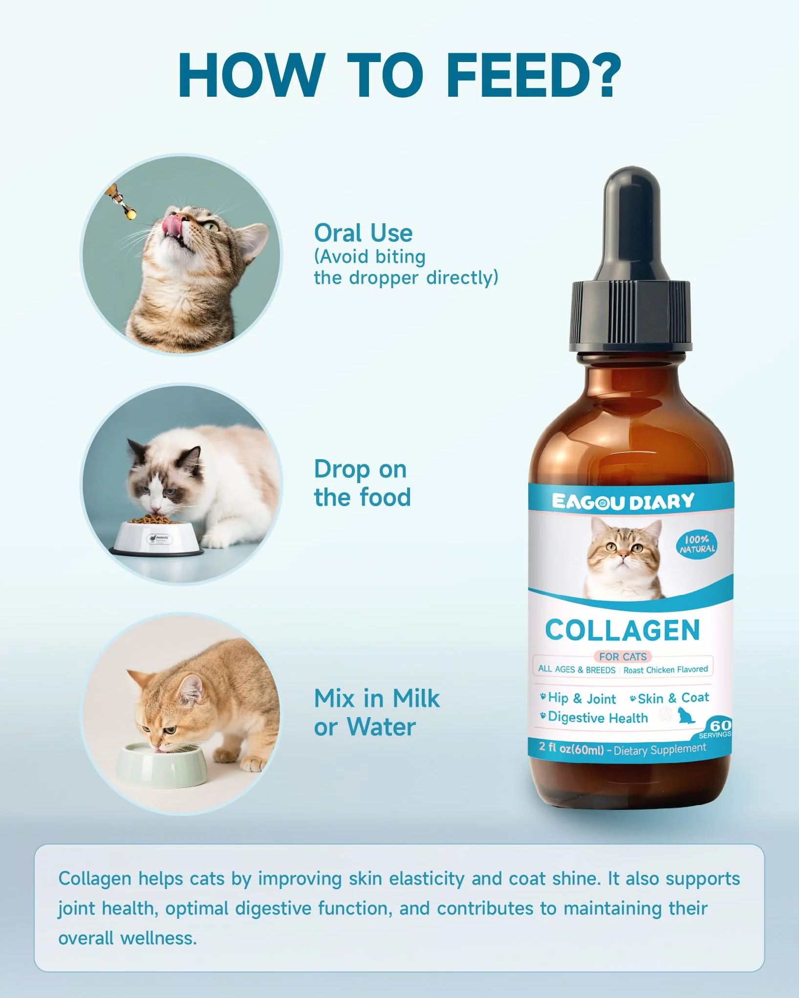 Eagou Diary Collagène pour Chats - Supplément Articulations, Peau et Pelage, MSM, Glucosamine, Huile de Coco, Vitamine E, 60ml