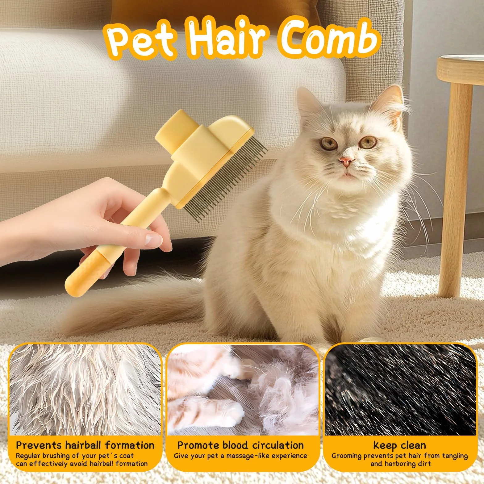 Peigne de Toilettage pour Chat avec Bouton D'épilation, Anti Puces, Brosse pour Chat, Nettoyage Rapide des Poils, Vert et Jaune