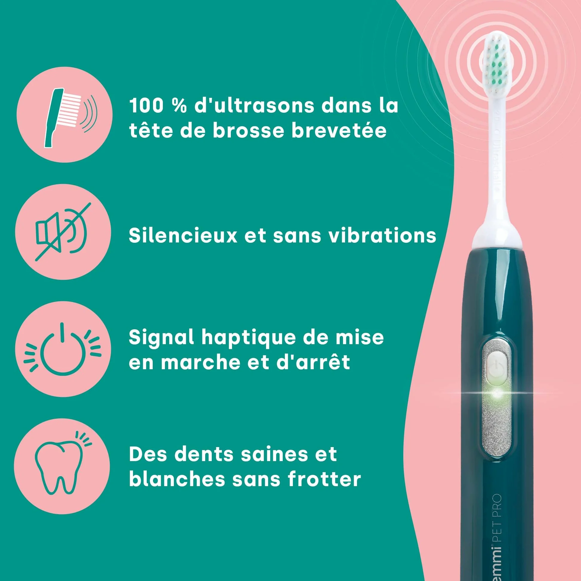 emmi-pet PRO Brosse à dents ultrasonique pour chiens - Brosse à dents silencieuse pour chiens et chats sans frottement avec 96 millions de vibrations - Prévient le tartre et les inflammations