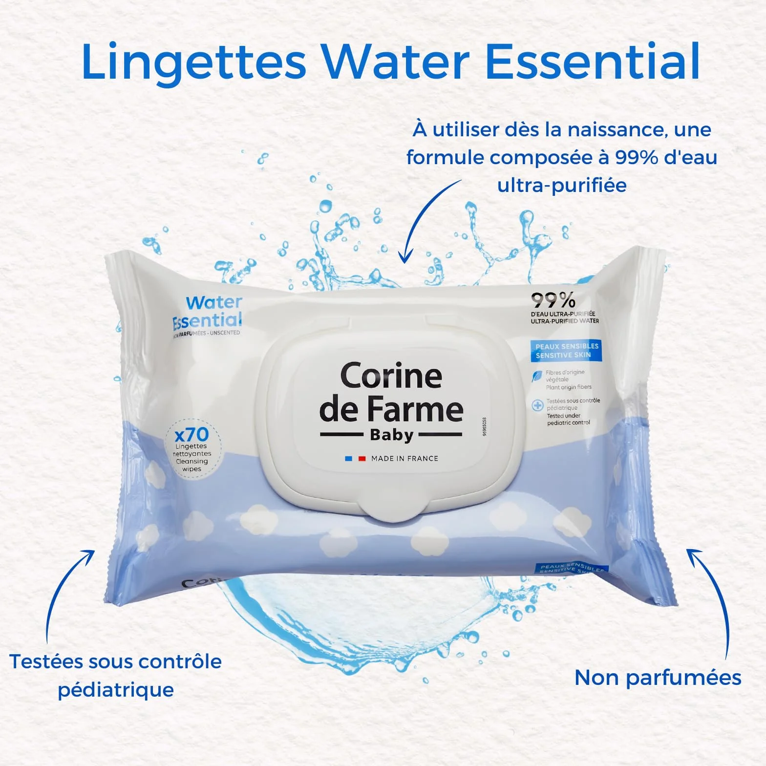 Corine de Farme Lingettes Bébé Nettoyantes Change Water Essential x70 99% Eau Purifiée