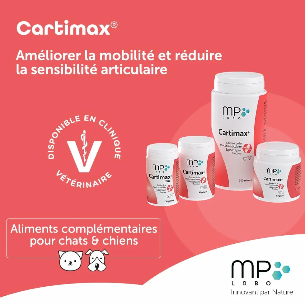 MP Labo Cartimax Soutien Fonction Articulaire Chien Chat Glucosamine Harpagophytum Reine des Prés Bambou Oligo-éléments 50 Gélules