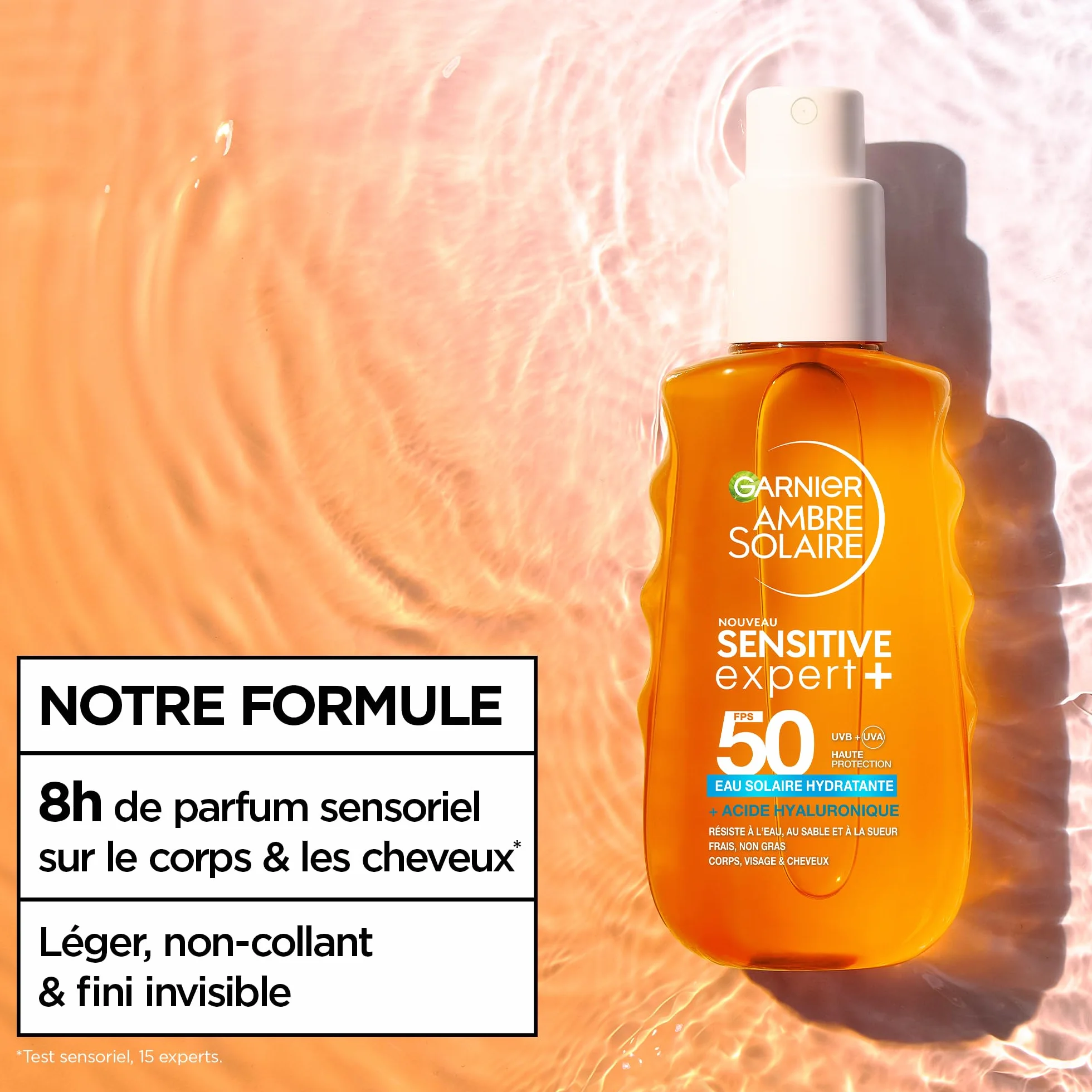 GARNIER Ambre Solaire Eau Biphase UV Sensitive Expert+ SPF 50 Visage Corps Cheveux Protection Solaire 150ml