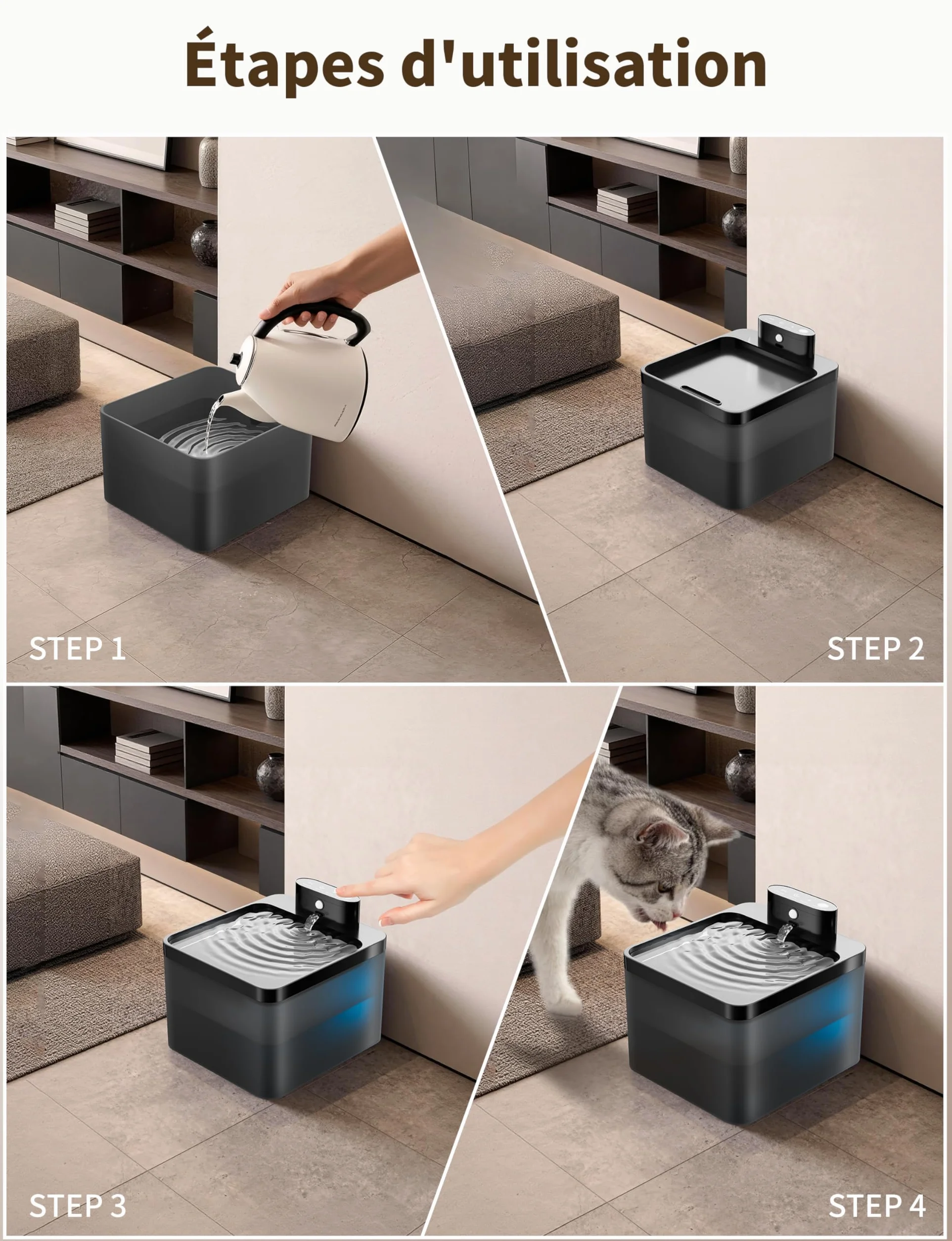 Fontaine à Eau pour Chat sans Fil 2.2L Filtration Multiple résistante aux éclaboussures