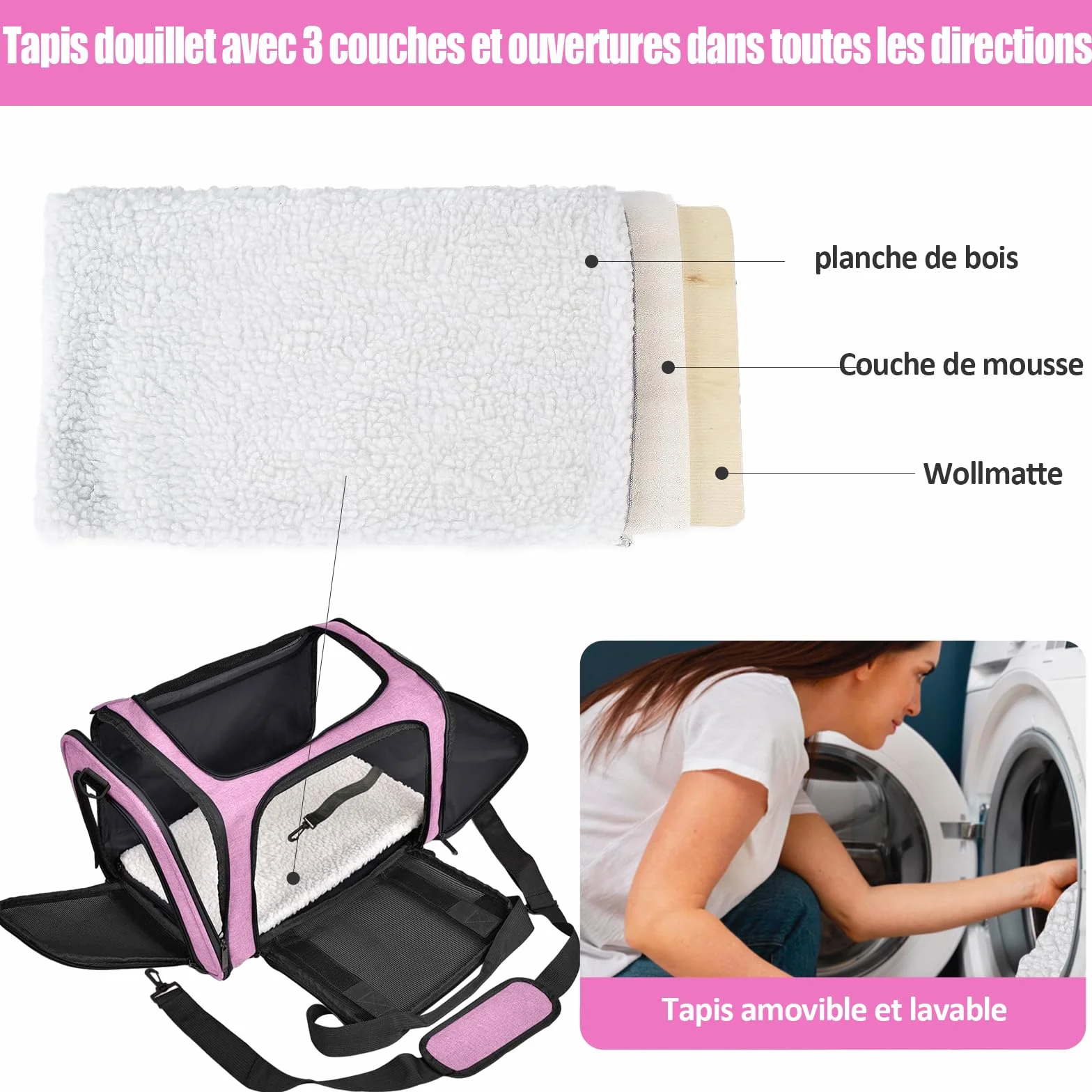 Sac de Transport Chat avec Matelas Souple Rose L 50 × l 34 × H 34 cm Tissu en Maille