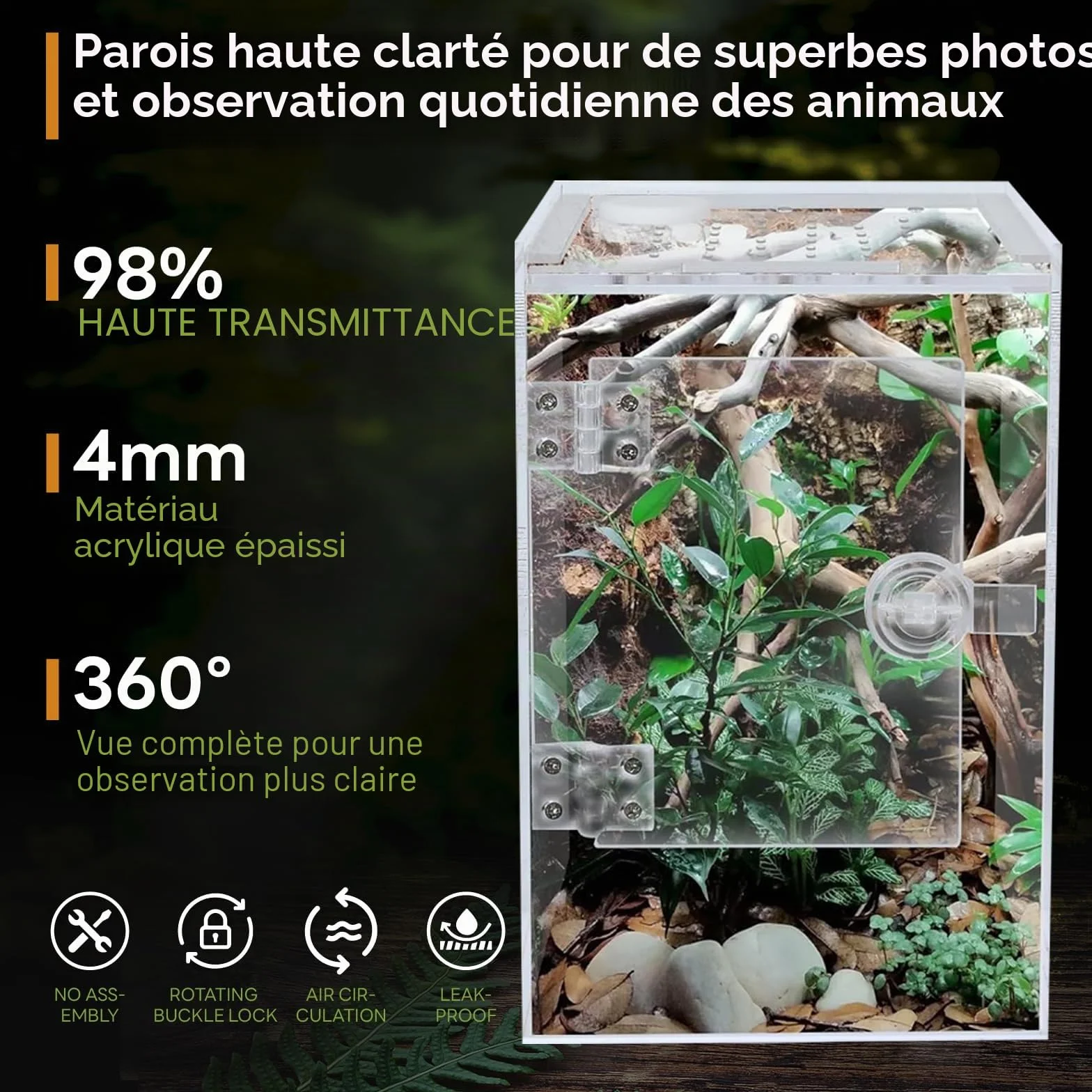 Terrarium Acrylique 23x15x15CM Rectangle 360° Ventilation Croisée Etanche pour Reptiles Araignée Escargots