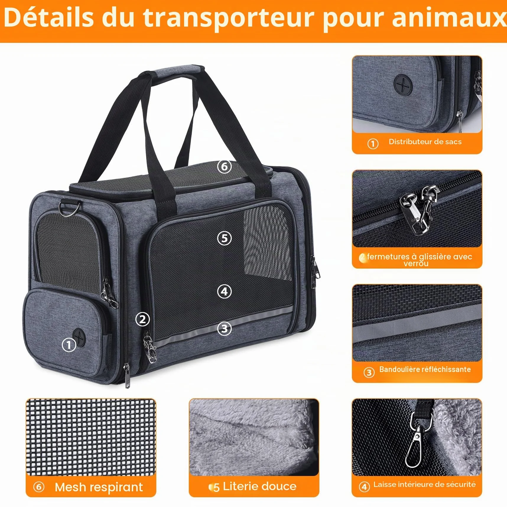 Sac de Transport pour Chat et Chien approuvé par l'avion TSA, côtés Souples, 44,5 x 21,6 x 27,9 cm, Gris
