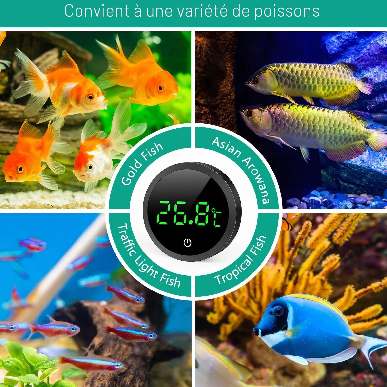 ORIA Thermomètre d'Aquarium, Thermomètre LCD Numérique d'Aquarium Haute Précision 0,1 ℃ avec Boutons Tactiles, Batterie Remplaçable pour Aquarium à Tortues et Aquarium en Verre Tropical - Noir