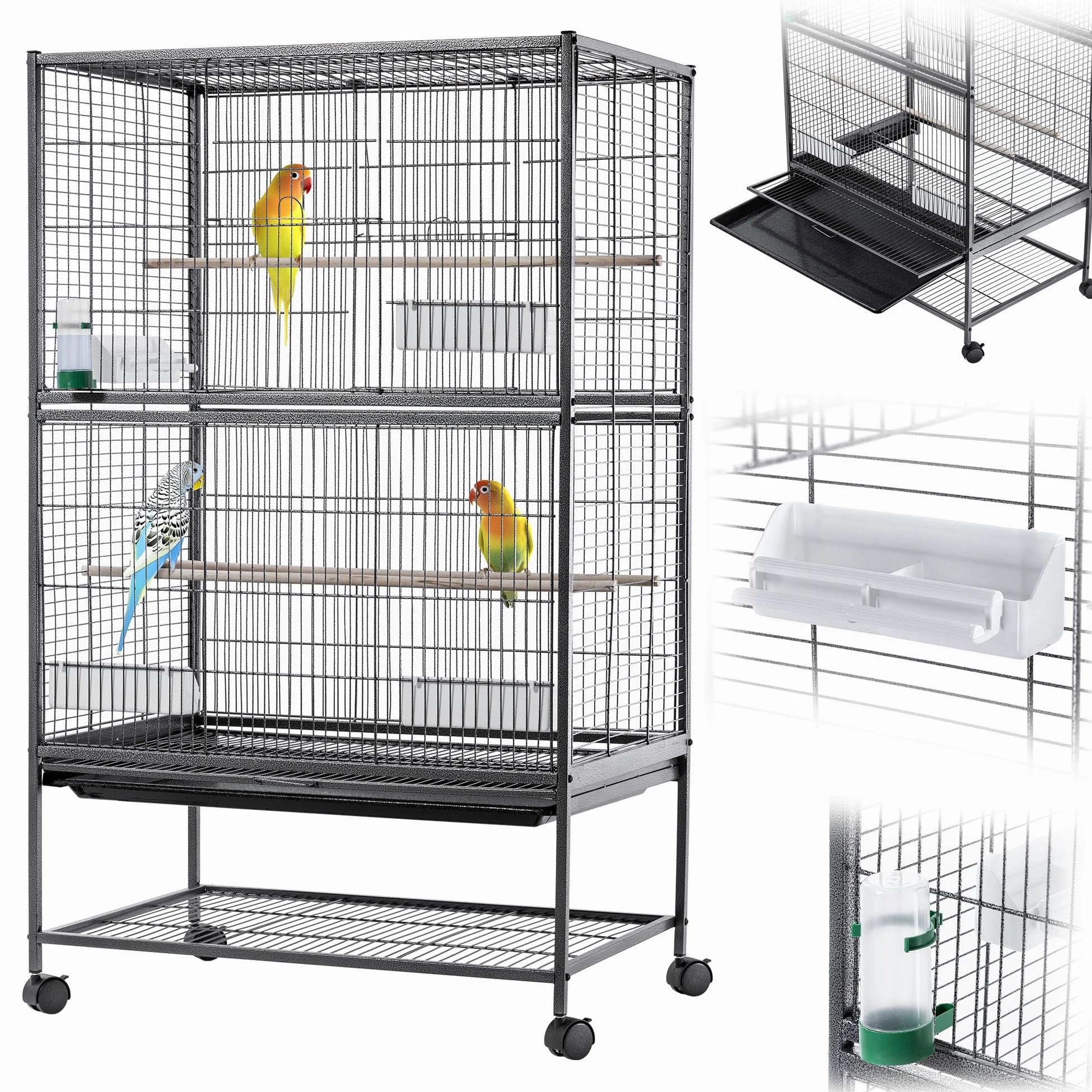 KADAX Volière à oiseaux 79 x 52 x 133 cm - Cage à oiseaux sur roulettes avec perchoirs, mangeoires et distributeur d'eau - Cage en métal pour perruches, perroquets