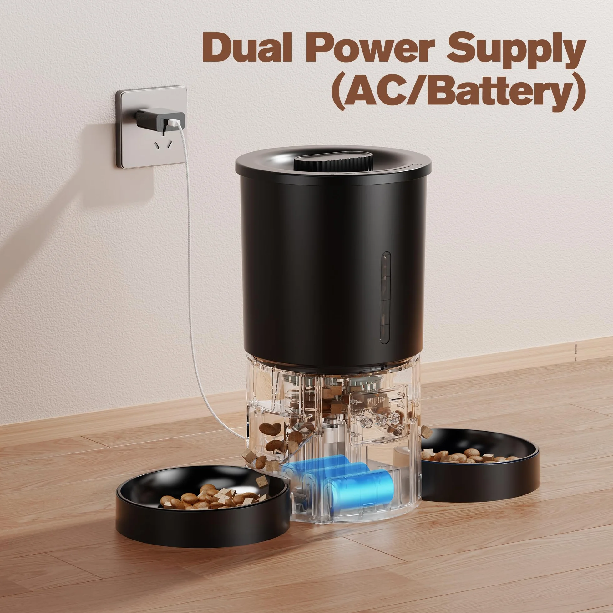 Distributeur Automatique de Croquettes AONBOY Double 5L WiFi 2.4G avec Minuterie APP pour Chat Chien Noir