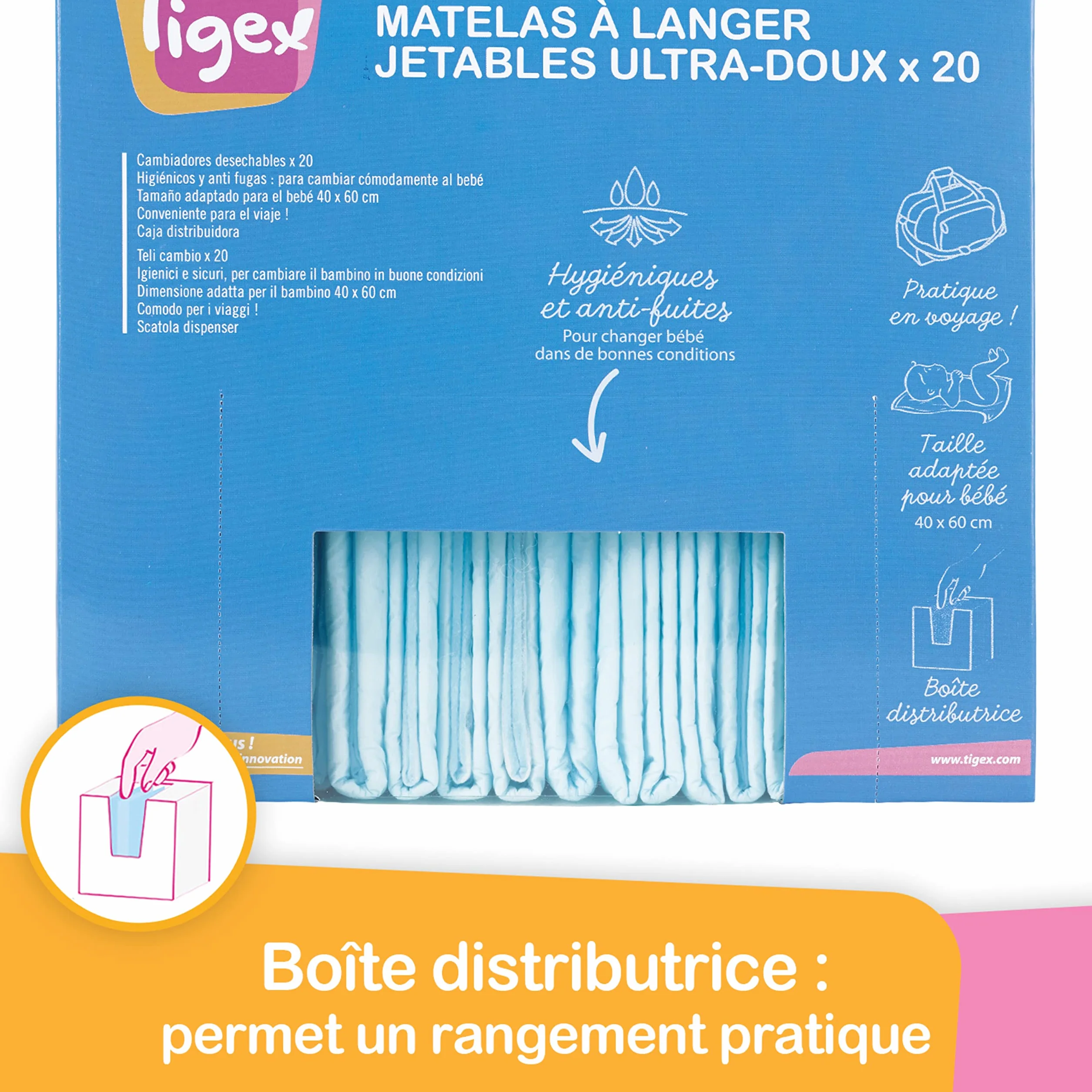 Tigex Protections Jetables pour Matelas à Langer, Blanc/Bleu, Lot de 20