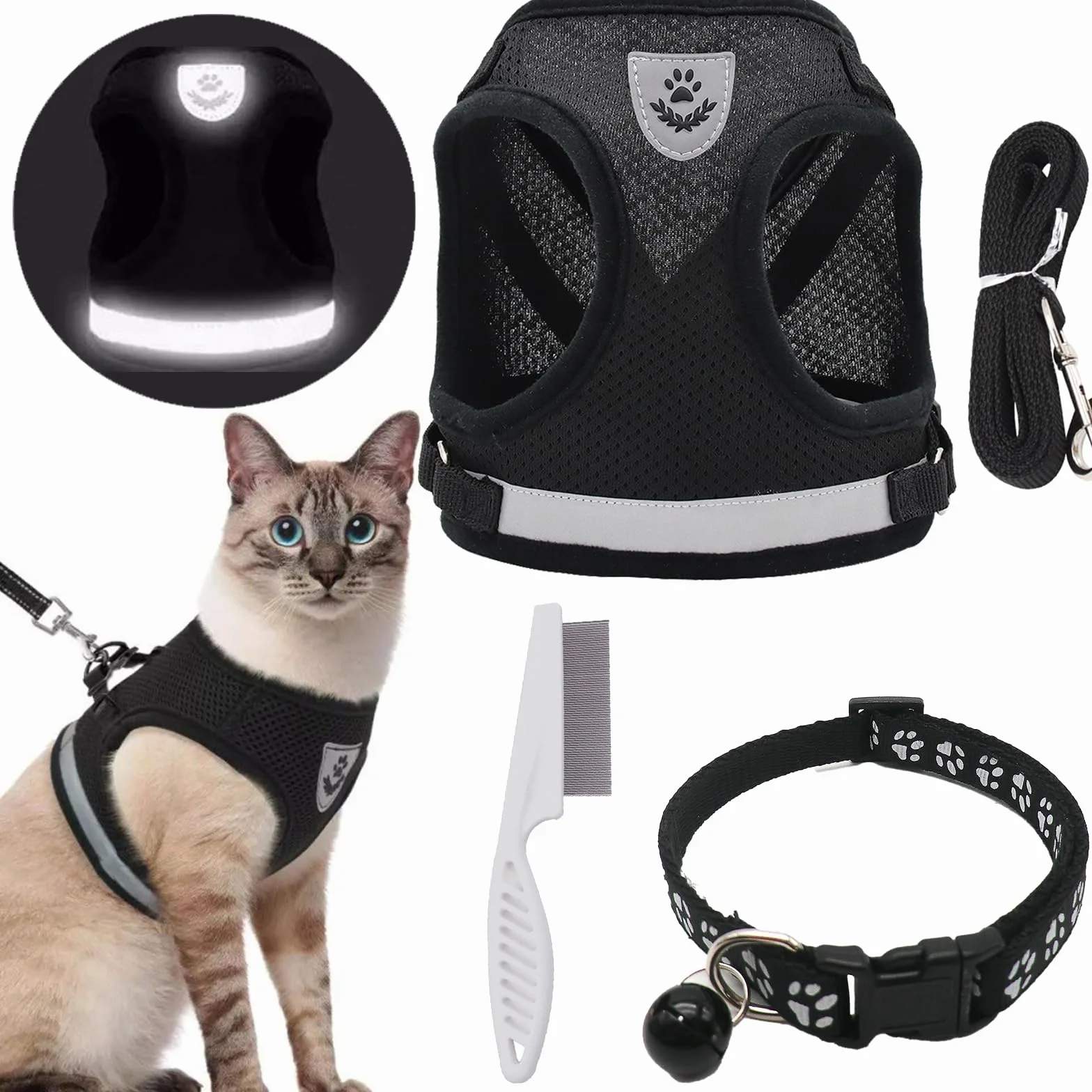 Harnais Chat avec Laisse Anti évasion Réfléchissant Réglable pour Chiens Chihuahua Noir M