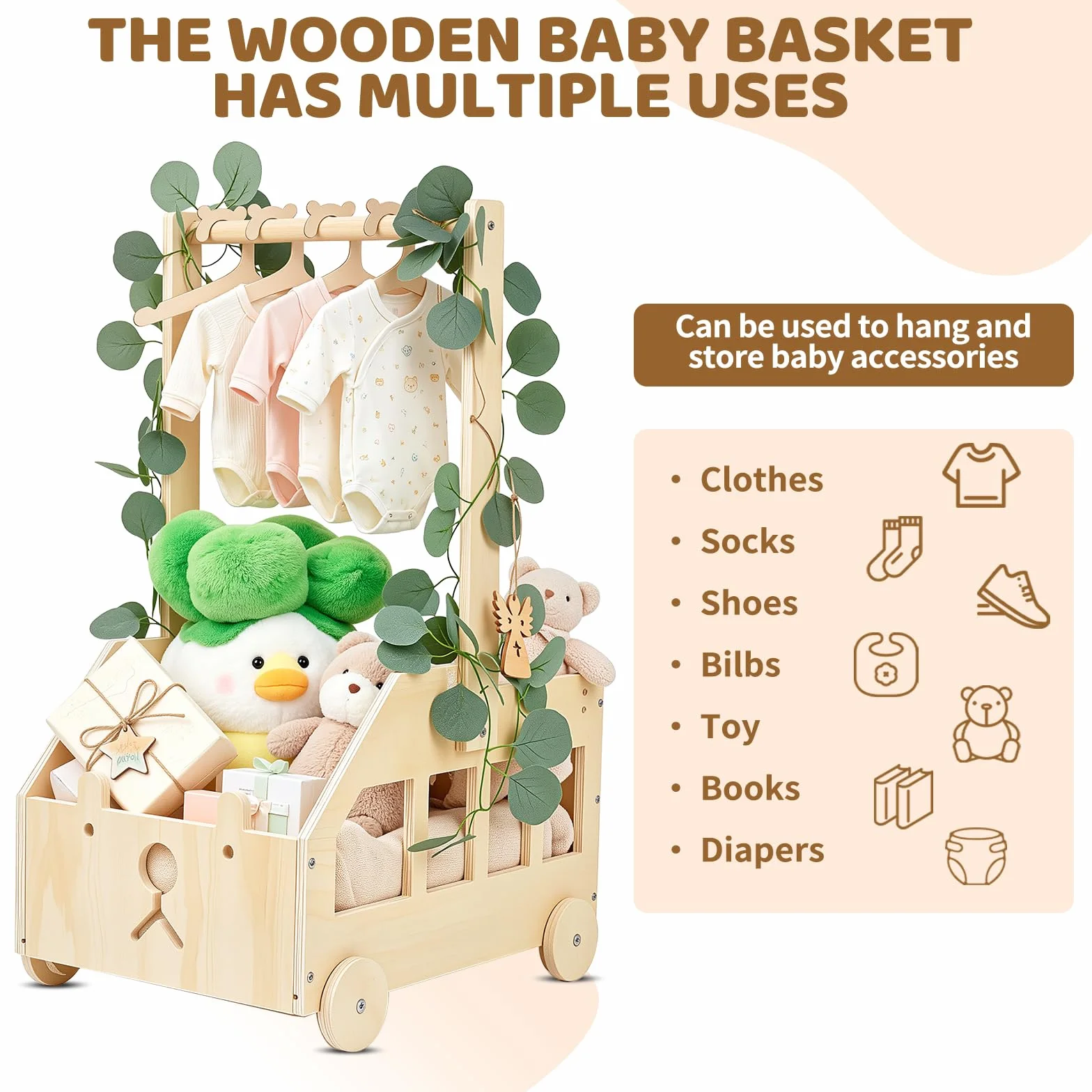 Panier Naissance Bébé en Bois Motif Ours Coffret Cadeau avec Poignée et Roulettes