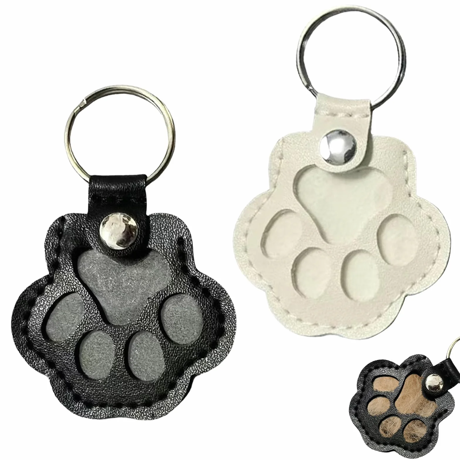 Lot de 2 porte-clés poils d'animaux, pendentif cuir patte chien souvenir