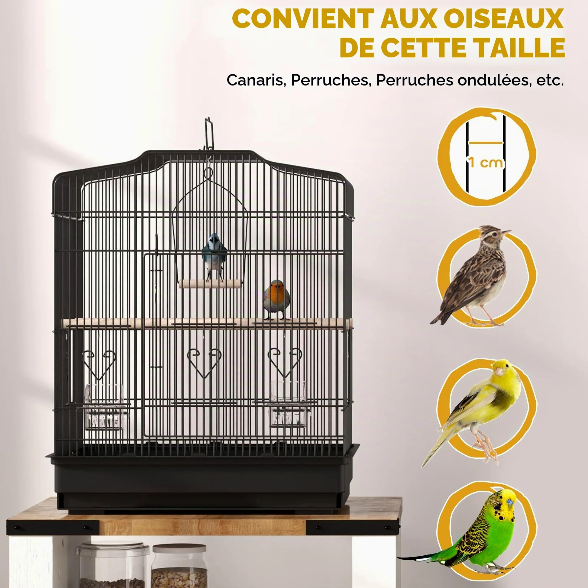 PawHut Cage à Oiseaux avec perchoirs pour Petit Oiseau 46,5x36x59 cm Noir | Gamelles, Balançoire, Cage à perroquet pour Budgie, Perruche