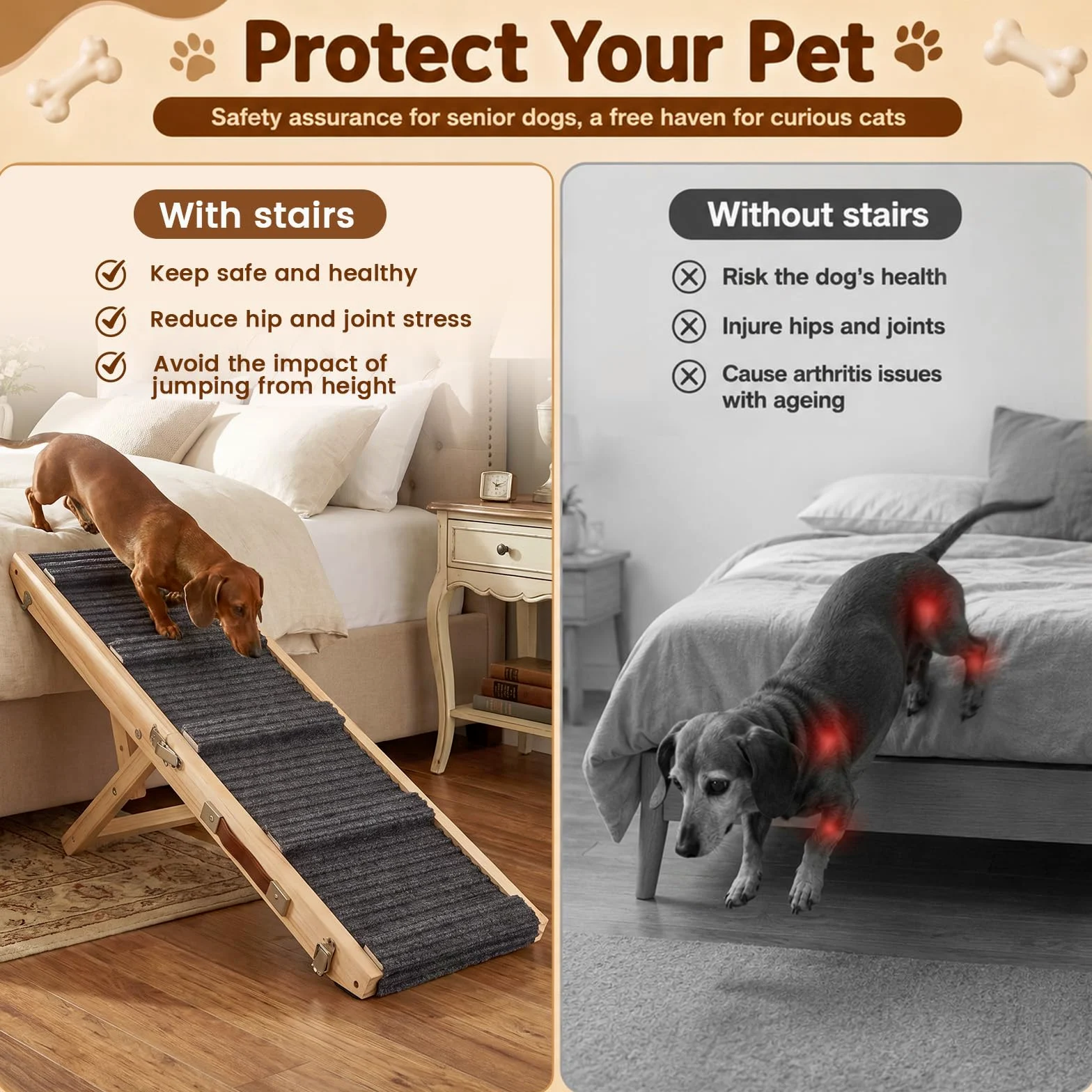 Rampe Chien en Bois, 84cm Rampe Pliable pour Chien avec 4 Hauteurs Réglable | Escalier portable lits avec revêtement antidérapant Rampe animaux pour chiens petite à moyenne taille jusqu'à 50kg
