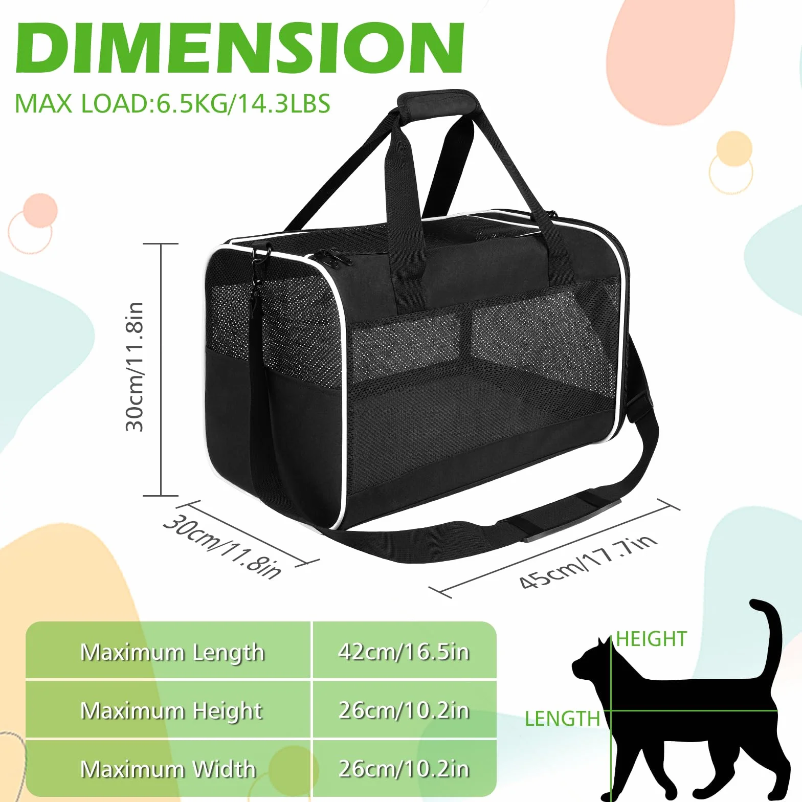 Sac de Transport pour Chat Pliable avec Coussin Amovible, 45x30x30cm, Noir, pour Animaux jusqu'à 6,5kg