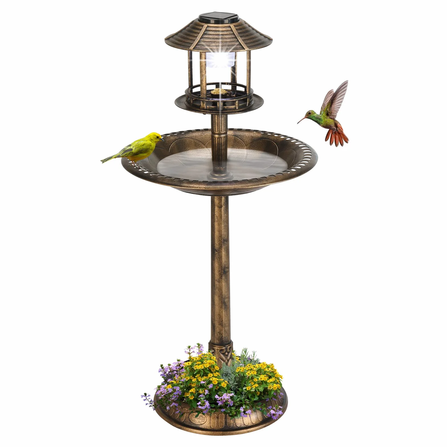 LEADZM Abreuvoir Oiseaux Exterieur Solaire avec Lampe - Mangeoire Oiseaux Exterieur, Support Remplissable, 51x51x106 cm, Bronze