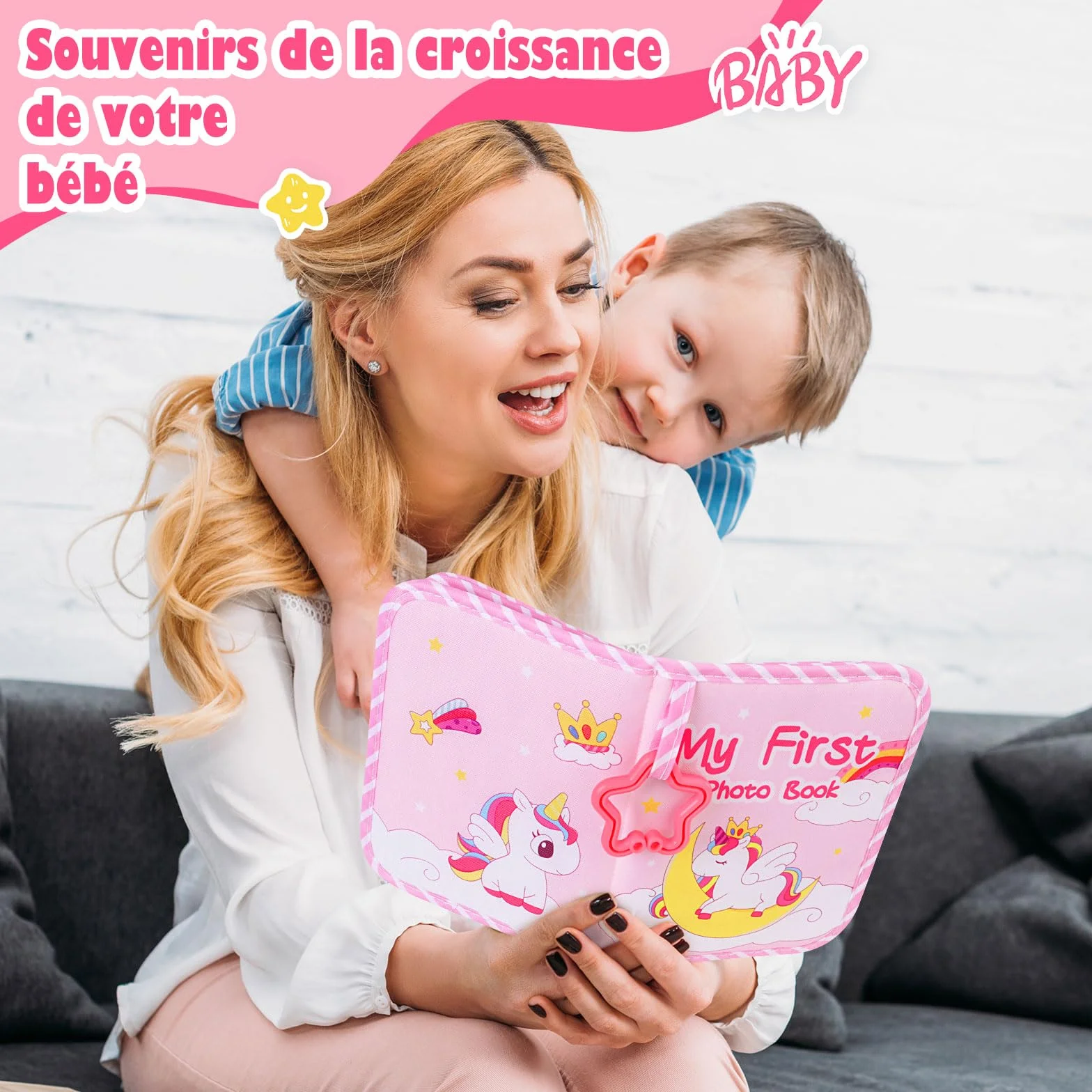 Album Photo Bebe 10x15 17 Photos Mon Premier Album Photo en Tissu Doux Livre Photo de Bébé avec 32 autocollants Cadeau Naissance Garcon Enfant (Licorne)