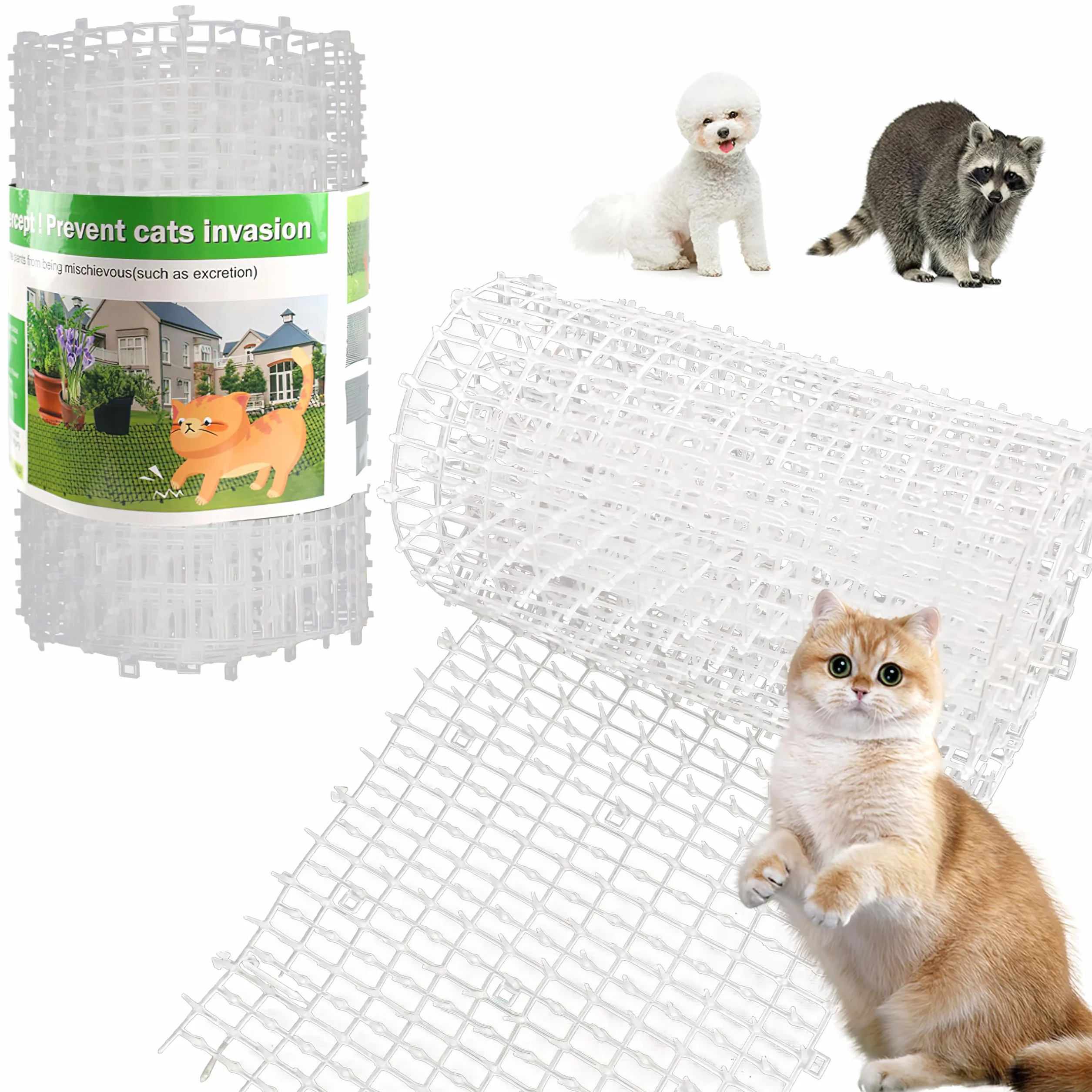 Tapis répulsif pour animaux de compagnie blanc 1,98 m avec piquets de sol et attaches pour jardin