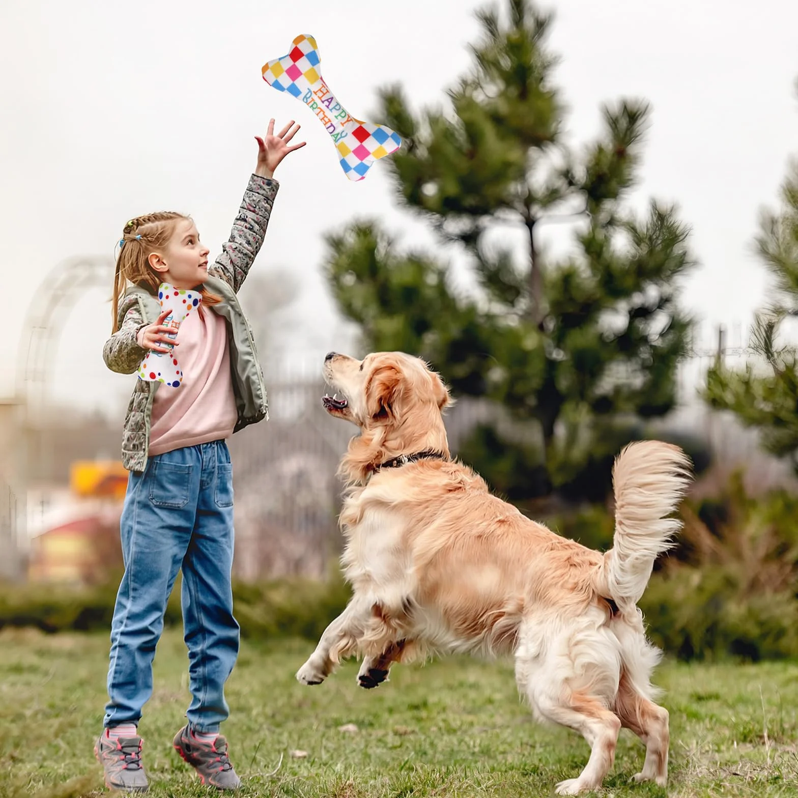Lot de 4 jouets d'anniversaire pour chien - couineur réglable - chapeau - bandana - os en peluche