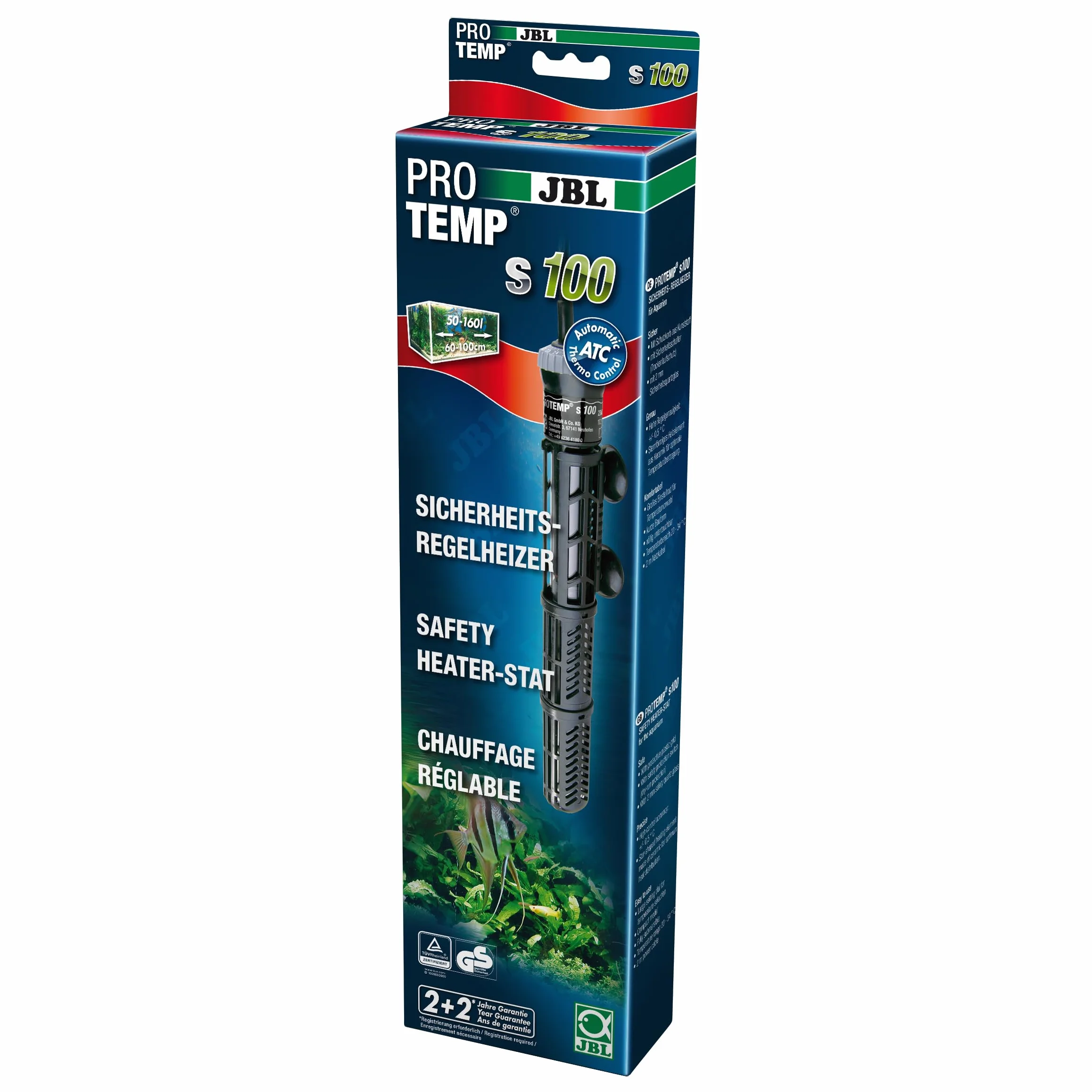 JBL ProTemp S 100, Chauffage de sécurité réglable pour aquarium, 100 W, Avec panier de protection