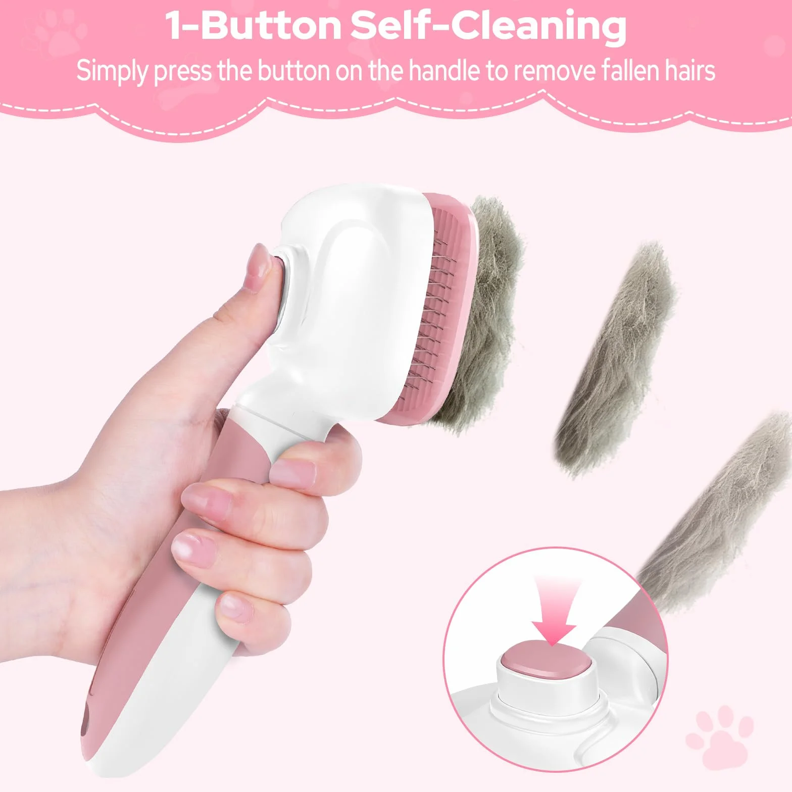 Zivacate Brosse Chat Chien Épilation Autonettoyante Poils Morts Manche Antidérapant Rose-Blanc