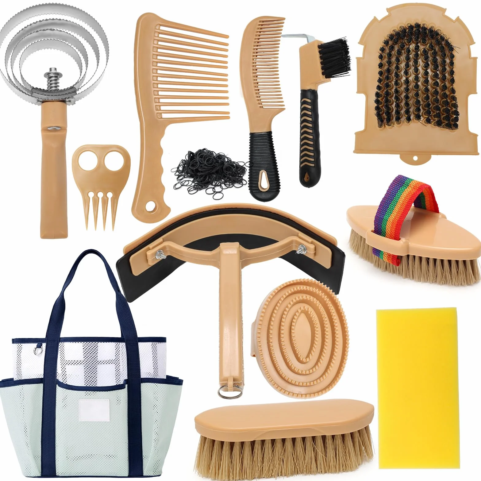 Kit de pansage Horse Care 13 pièces avec sac de rangement, brosses pour chevaux, jaune