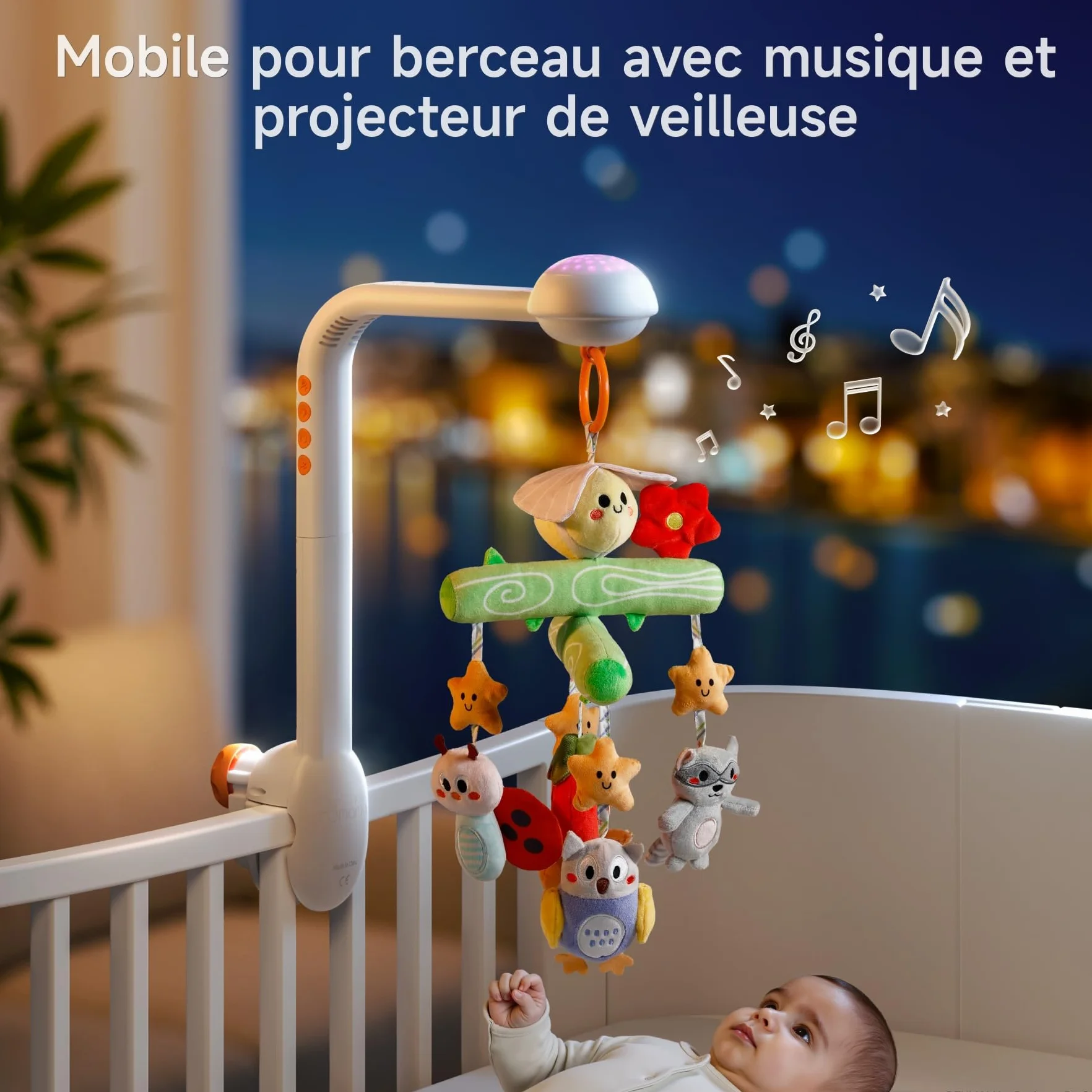 Veilleuse Bébé avec Projection Lumière, Mobile Musical Lit Bébé 0-9 mois, Télécommande Jouet Sensoriel