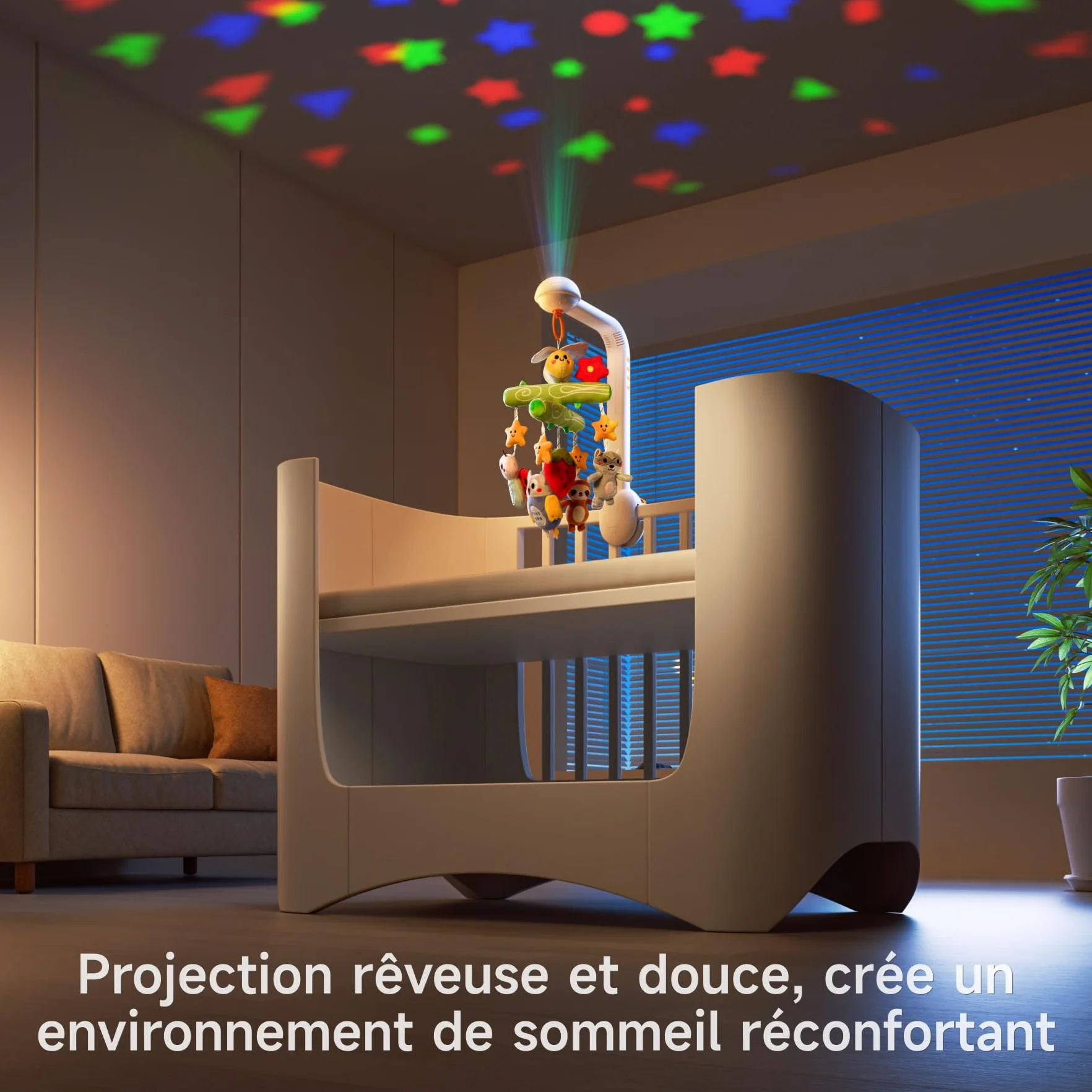 Veilleuse Bébé avec Projection Lumière, Mobile Musical Lit Bébé 0-9 mois, Télécommande Jouet Sensoriel