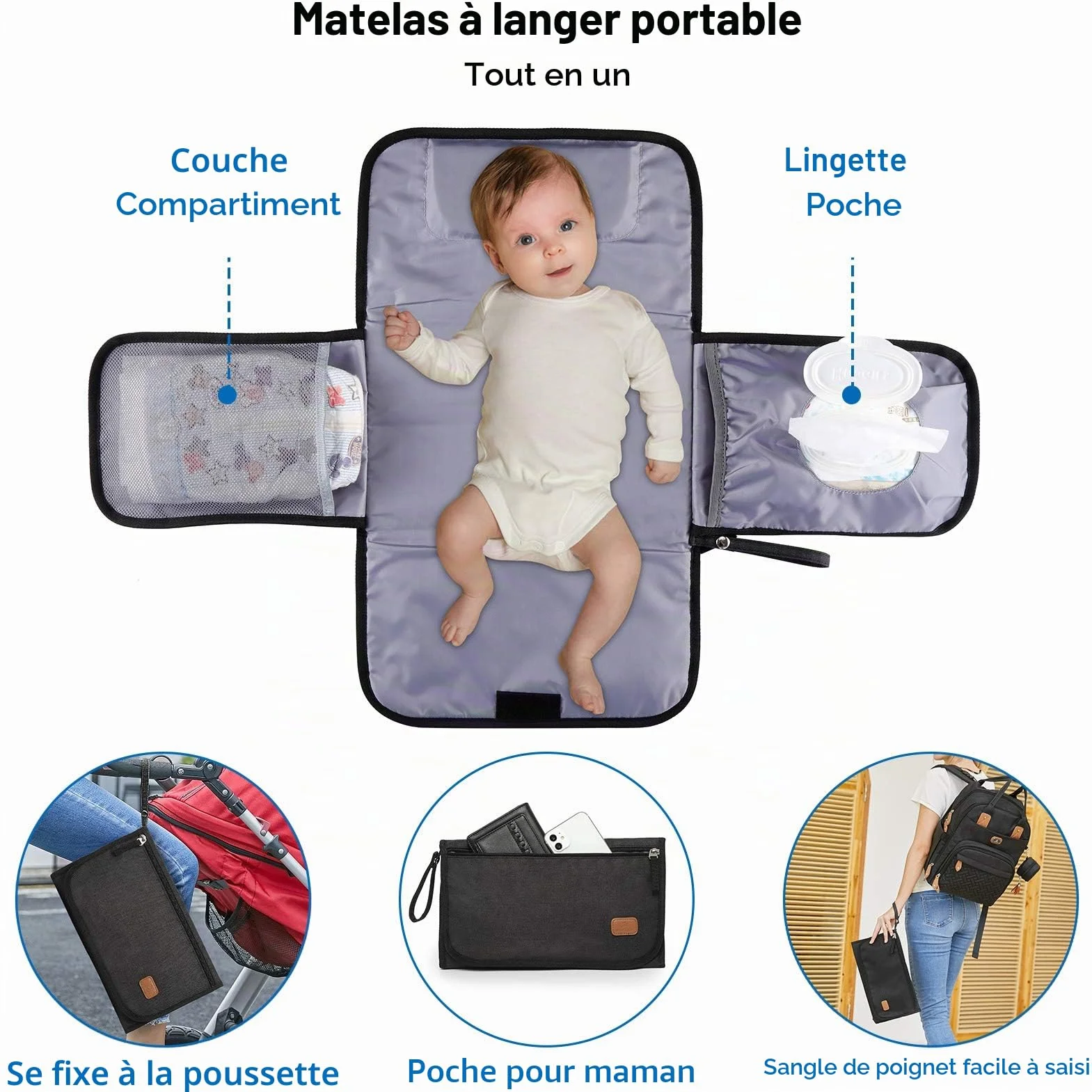 Sac à Langer Bebe Grande Capacité 18 Poches Polysteer Déperlant Tapis à Langer Porte Tétine Sangles Poussette