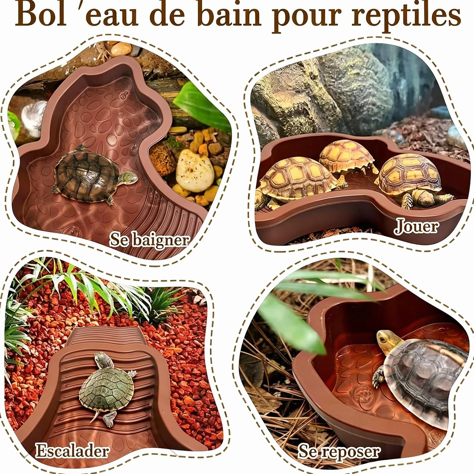 Abreuvoir Tortue Terrestre 35x28.5x4.3cm Piscine avec Rampe Détachable pour Tortues Lézards Gecko Amphibien Rouge Brun
