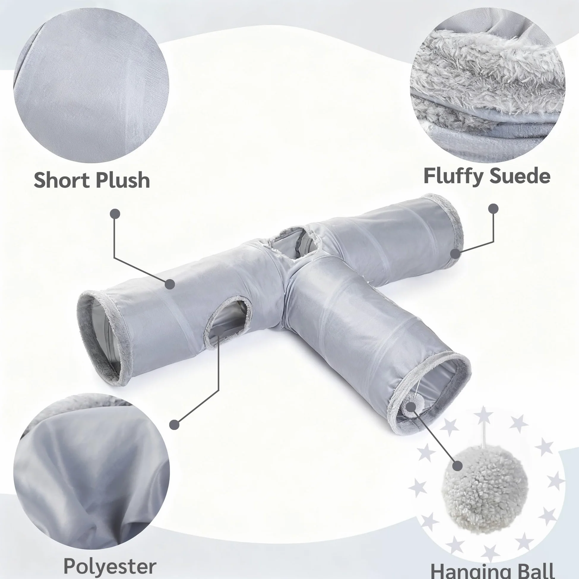 JanYoo Tunnel pliable à 3 voies pour chat d'intérieur - Jouet pour animal domestique - Cachette pour lapin, cochon d'Inde, furet - Gris uni