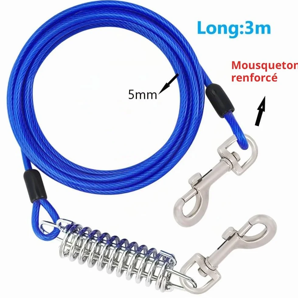 Chaine Chien Acier Inoxydable 3m Câble d'attache pour Chiens Laisse Résistante à Morsure avec Amortisseur Bleu