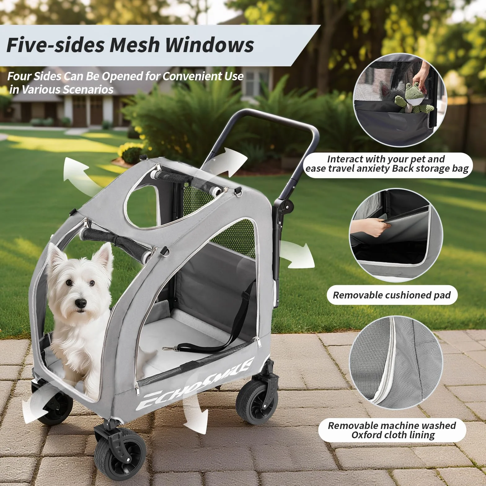 EchoSmile Poussette pour Chien de Petite et Moyenne 20 kg, Chariot pour Chien Pliable Tout Terrain avec Double Freinage, Ceintures de Sécurité et Fenêtres Grillagées, Gris