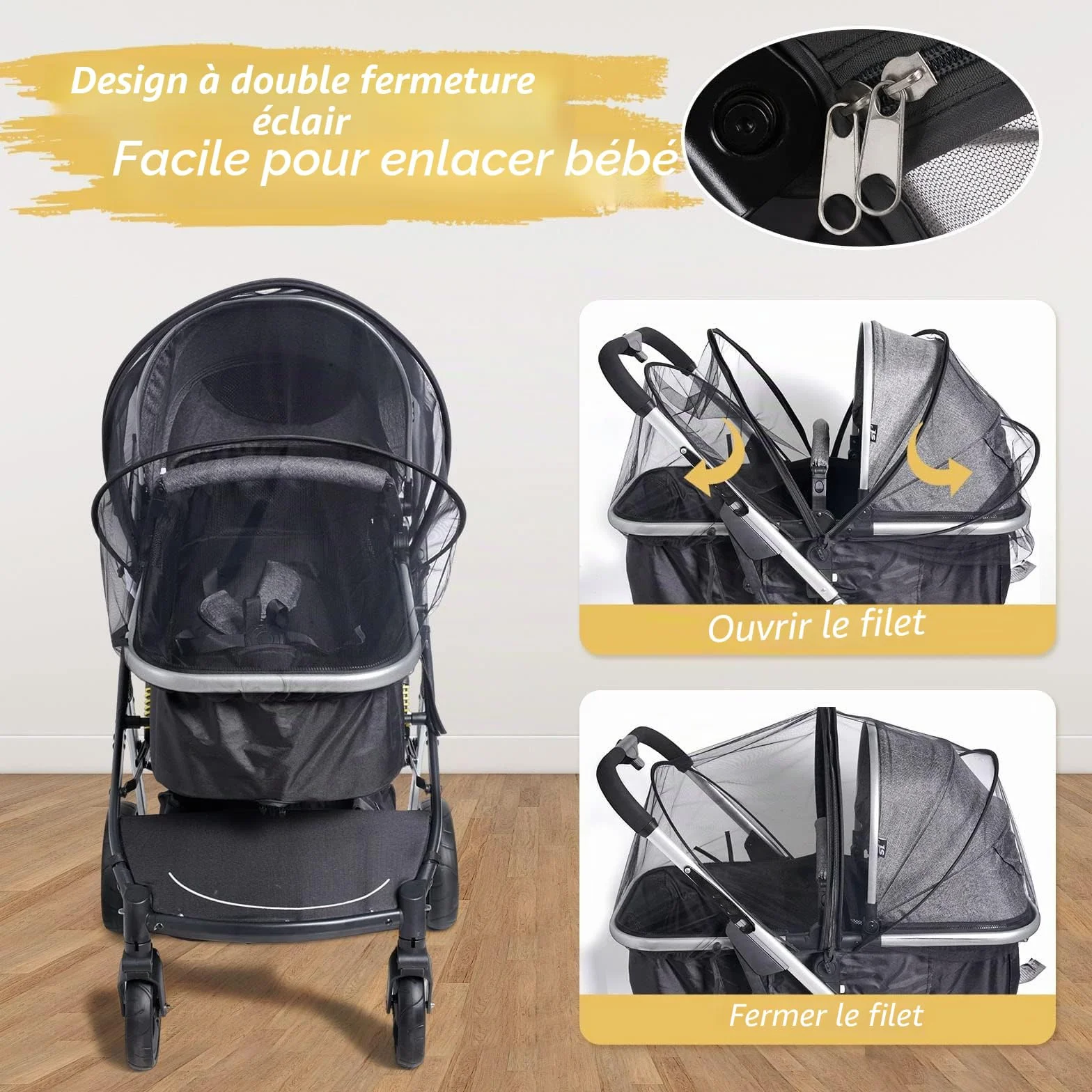 Moustiquaire Poussette Landau Universelle Double Fermeture Éclair Tiges Support Filet Anti-Insectes Résistant Déchirures Bébés Enfants Moustiques