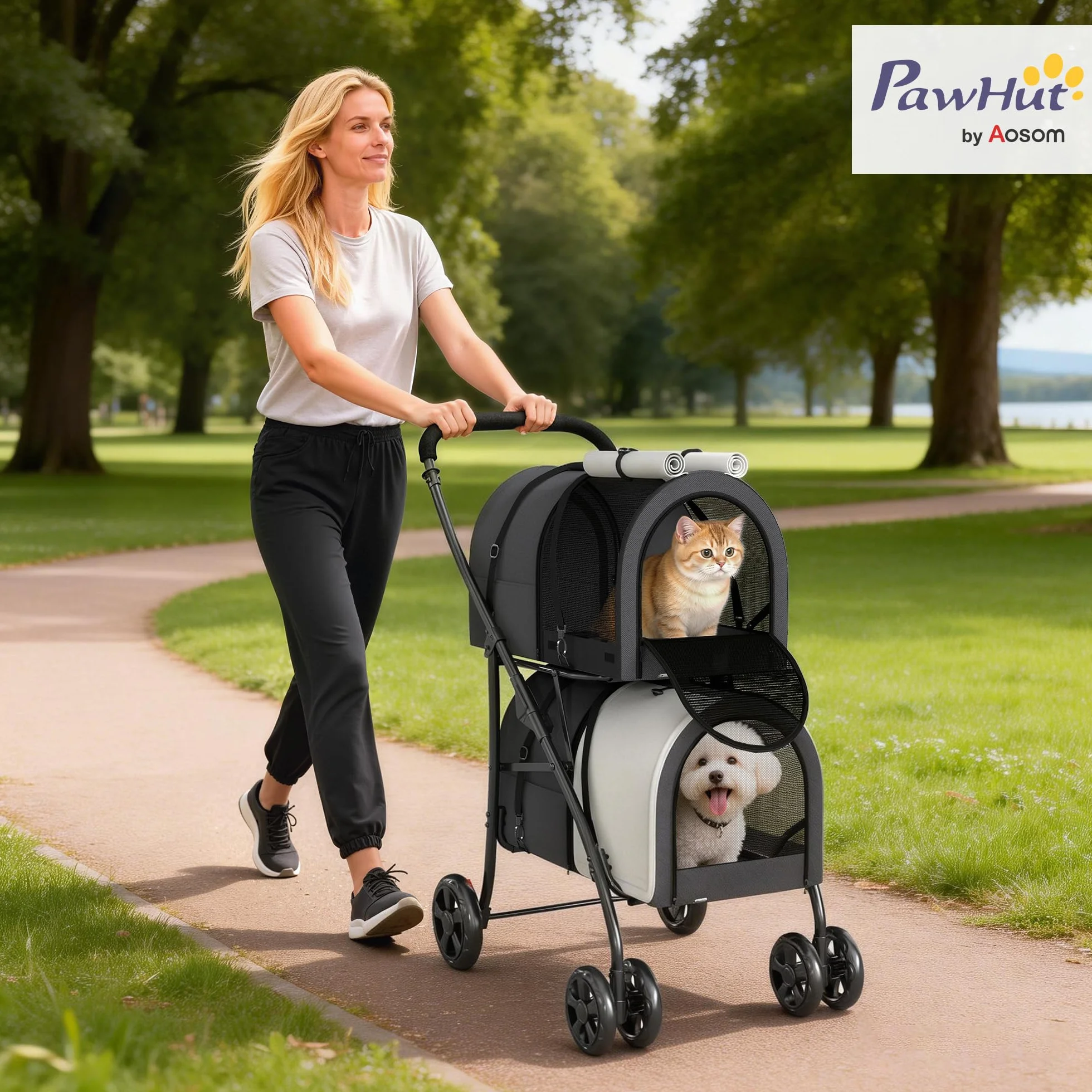 PawHut Chariot double pour chiens et chats Poussette pliable pour animaux de compagnie avec 2 paniers amovibles Ceinture de sécurité Poches latérales et 2 coussins Charge maximale 10 kg 66 x 50 x 98