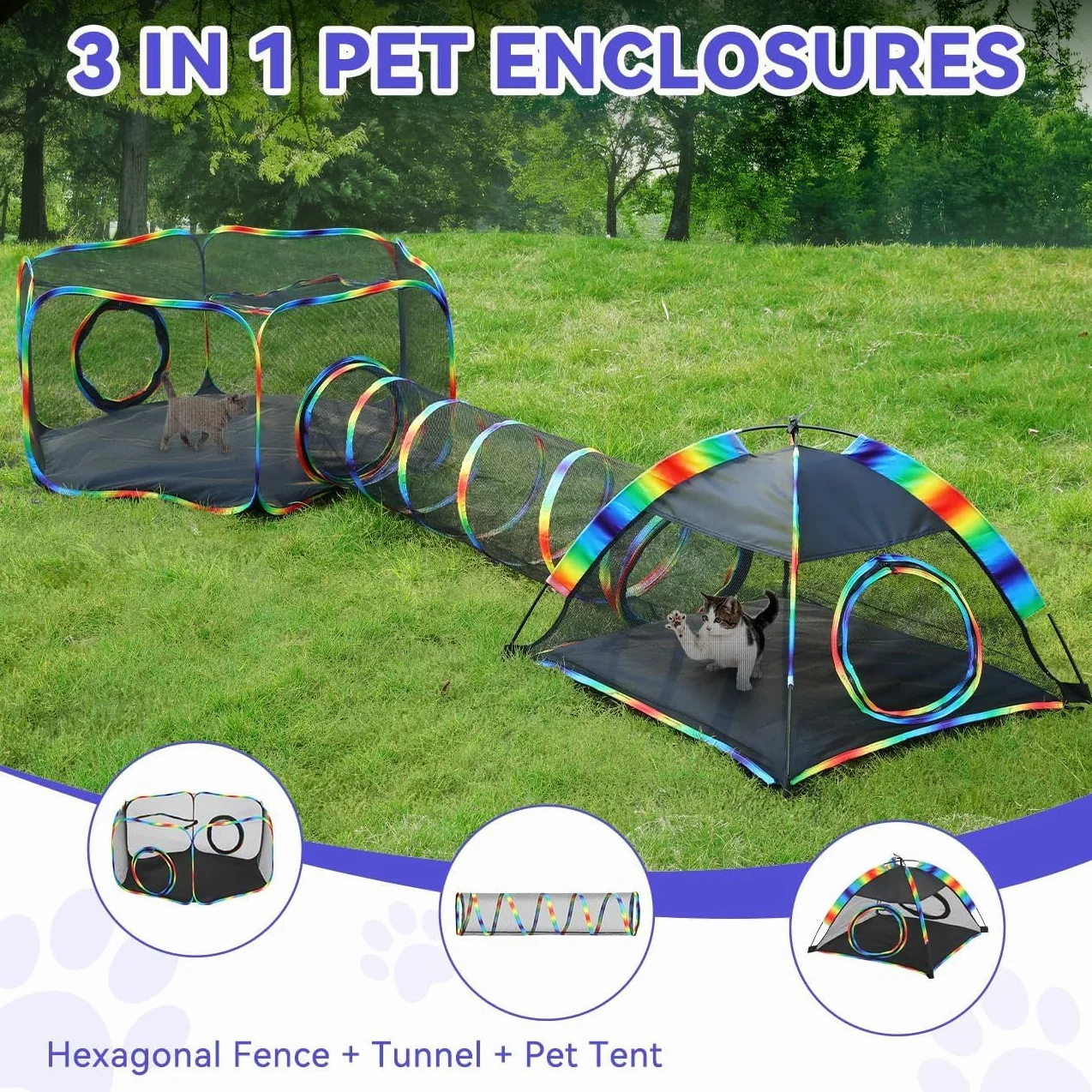 Enclos d'extérieur pour Chats, Patio Portable en Maille, Tunnel