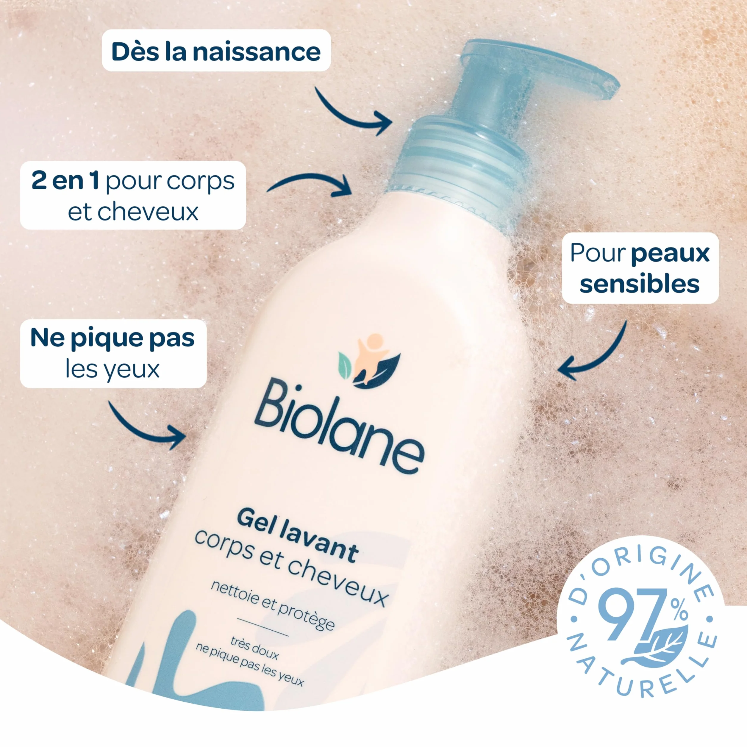 BIOLANE Gel douche bébé corps et cheveux 2 en 1 750ml 97% Origine Naturelle Peaux Sensibles Fabriqué en France