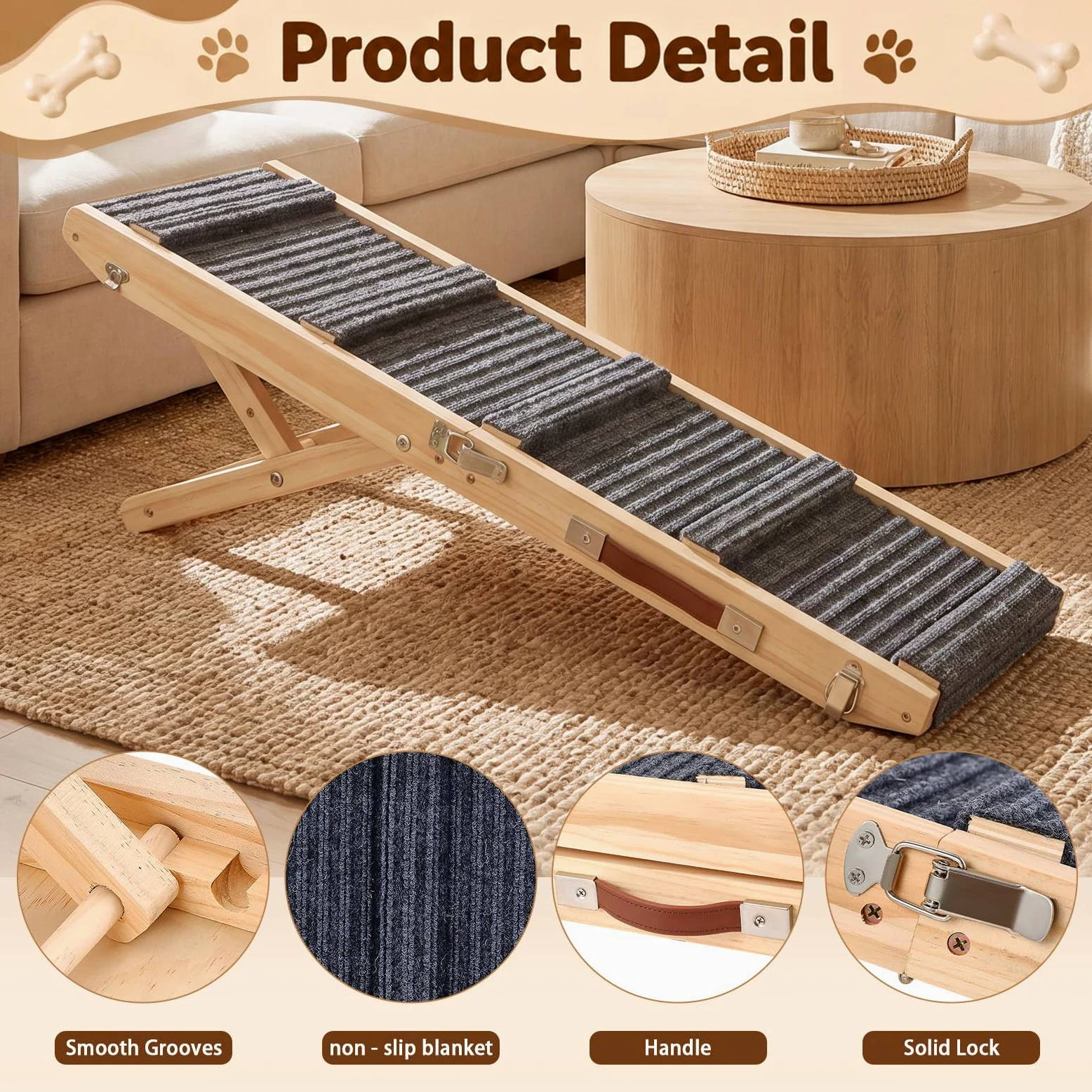 Rampe Chien en Bois, 84cm Rampe Pliable pour Chien avec 4 Hauteurs Réglable | Escalier portable lits avec revêtement antidérapant Rampe animaux pour chiens petite à moyenne taille jusqu'à 50kg