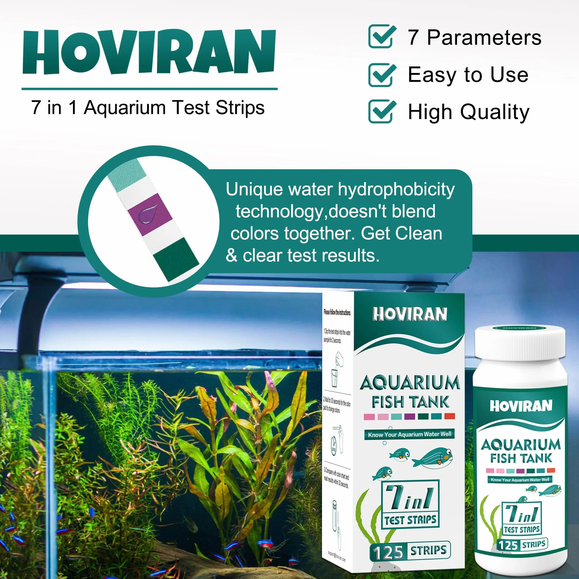 Bandelettes de test pour aquarium 7 en 1, 125 pièces, kit d'analyse d'eau douce et salée, chlore, dureté totale, carbonate, alcalinité, nitrate