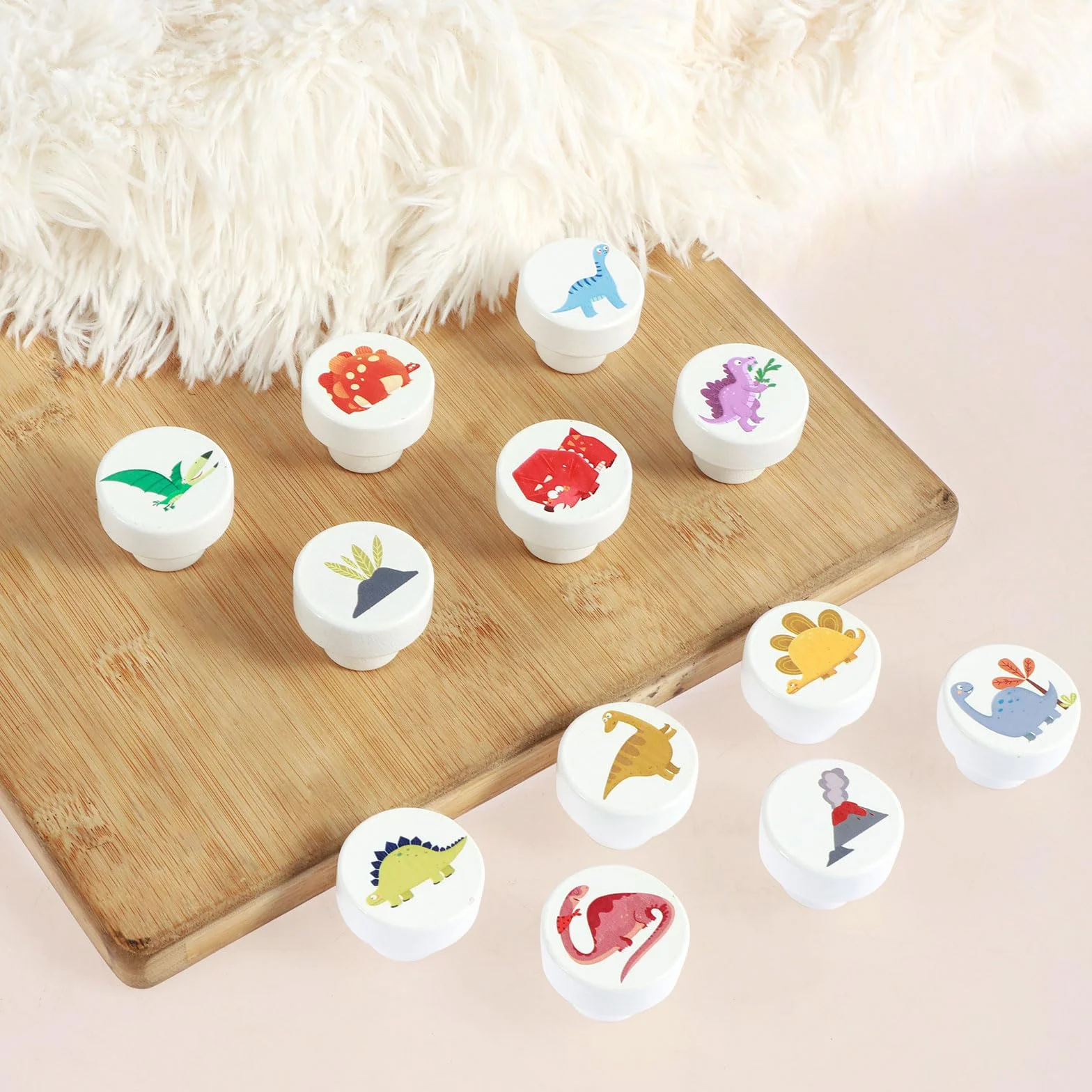 Lot de 12 boutons d'armoire en bois 35 mm motif dinosaure poignées décoratives pour meubles chambre enfant
