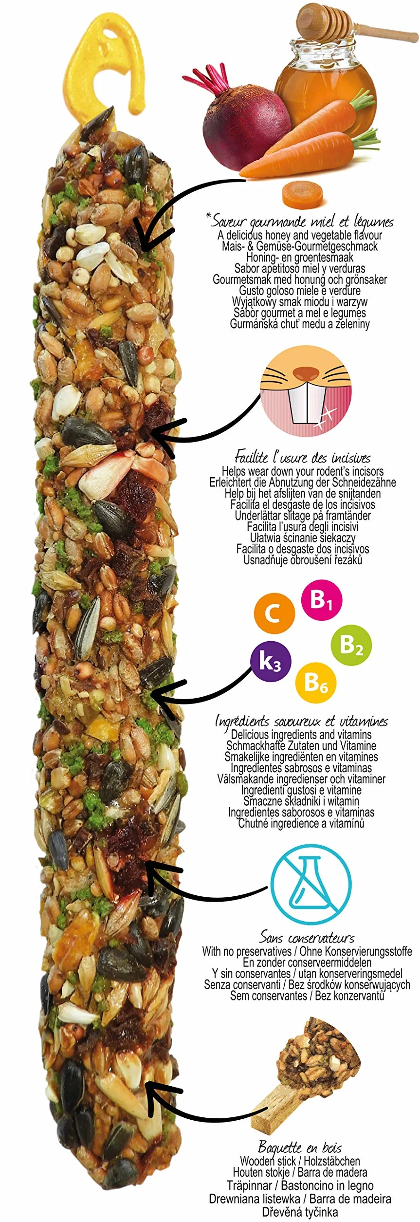 Aime Baguettes à Ronger XXL Miel/Légumes pour Rongeurs Lapins - 2 Pièces